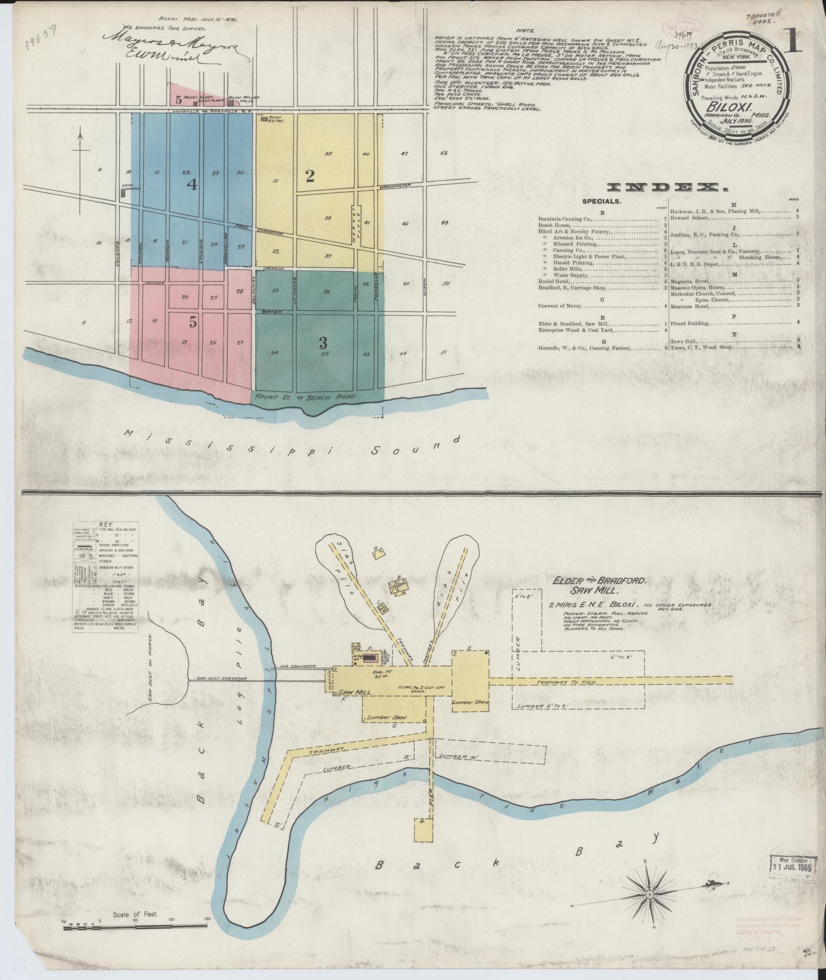 Sanborn Fire Insurance Map from Biloxi, Harrison County, Mississippi (1893), Sheet #0001 - Historic Sanborn Fire Insurance Map Print, vintage old map wall art, antique decor, genealogy gift, Mississippi Mississippi map