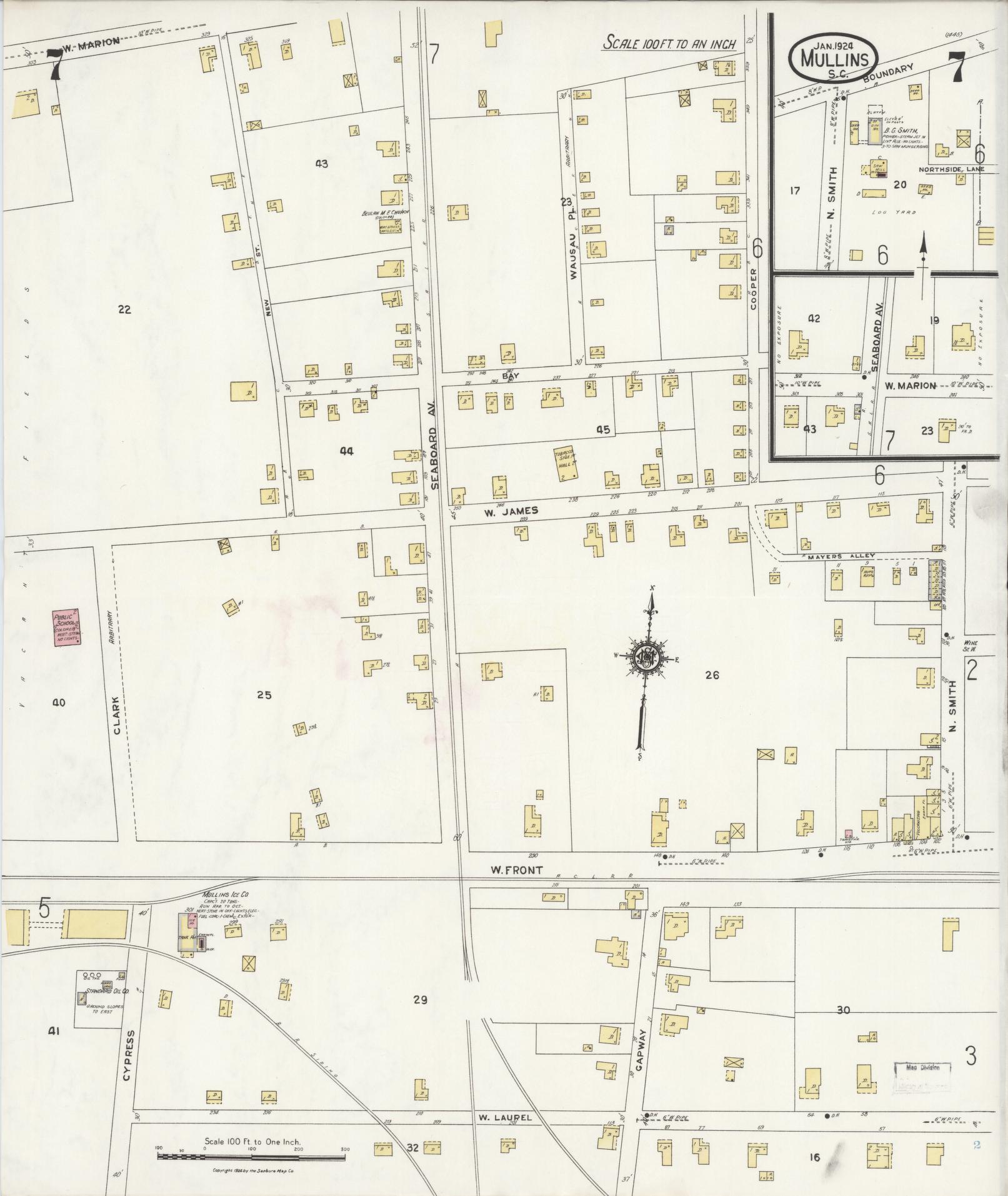Sanborn Fire Insurance Map from Mullins, Marion County, South Carolina (1924), Sheet #0007 - Historic Sanborn Fire Insurance Map Print, vintage old map wall art, antique decor, genealogy gift, South Carolina South Carolina map