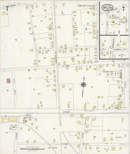 Sanborn Fire Insurance Map from Mullins, Marion County, South Carolina (1924), Sheet #0007 - Historic Sanborn Fire Insurance Map Print, vintage old map wall art, antique decor, genealogy gift, South Carolina South Carolina map
