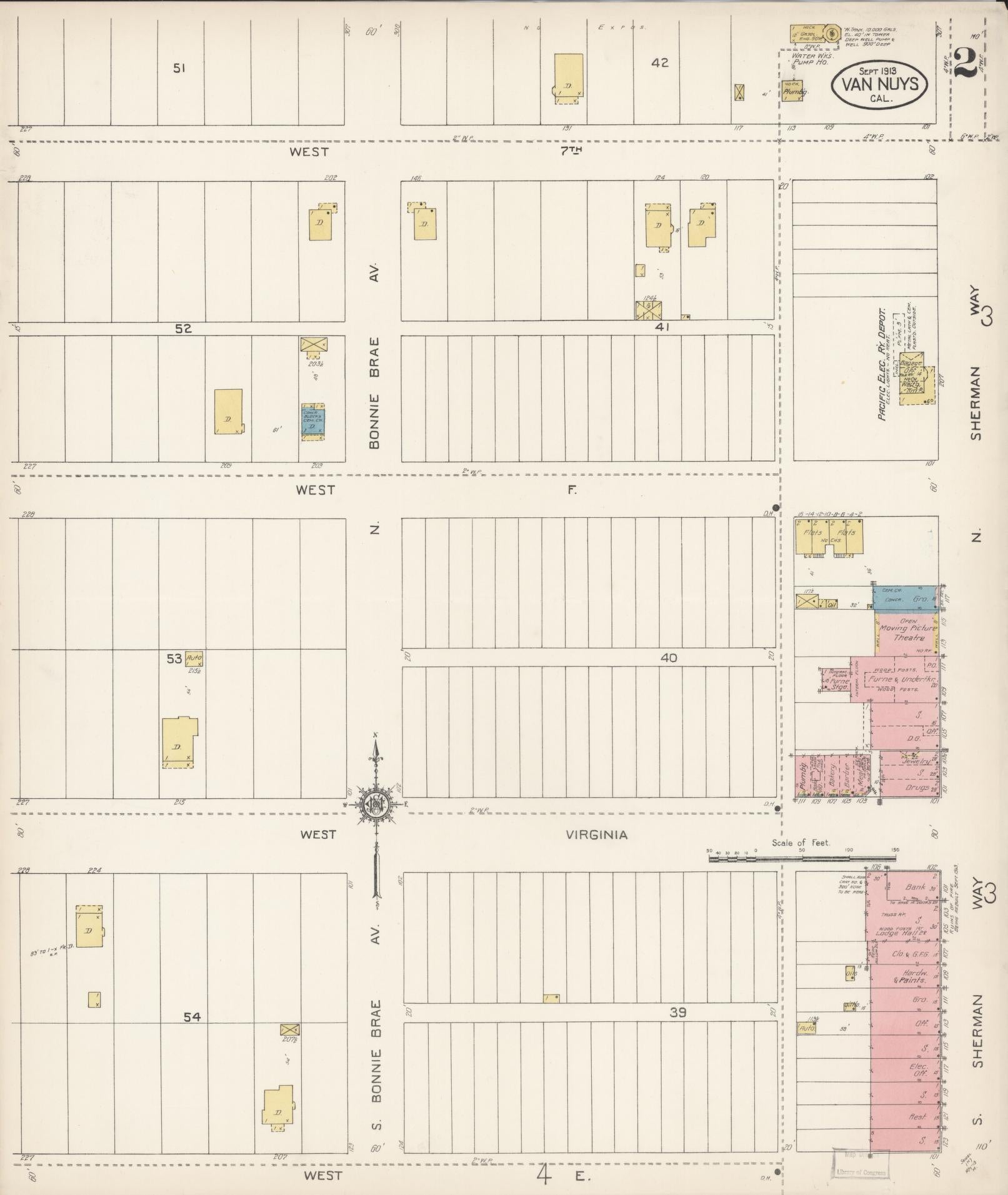 Sanborn Fire Insurance Map from Van Nuys, Los Angeles County, California (1913), Sheet #0002 - Complete Map Set gallery image, historic Sanborn map, vintage wall art, California California