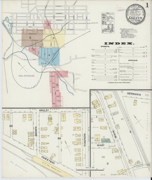 Sanborn Fire Insurance Map from Ashley, Luzerne County, Pennsylvania (1891), Sheet #0001 - Historic Sanborn Fire Insurance Map Print, vintage old map wall art, antique decor, genealogy gift, Pennsylvania Pennsylvania map