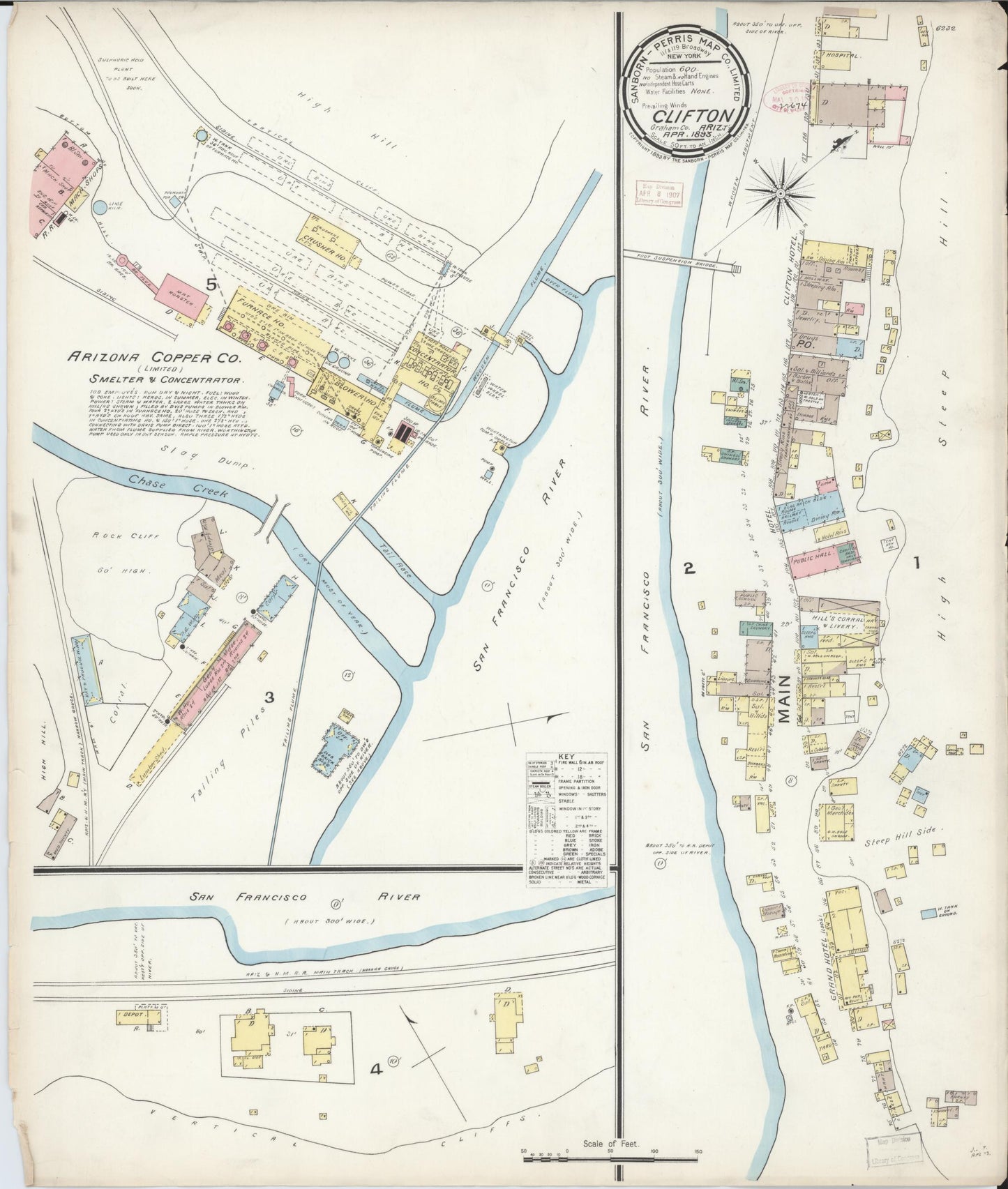 Sanborn Fire Insurance Map from Clifton, Greenlee County, Arizona (1893), Sheet #0001 - Historic Sanborn Fire Insurance Map Print, vintage old map wall art, antique decor, genealogy gift, Arizona Arizona map