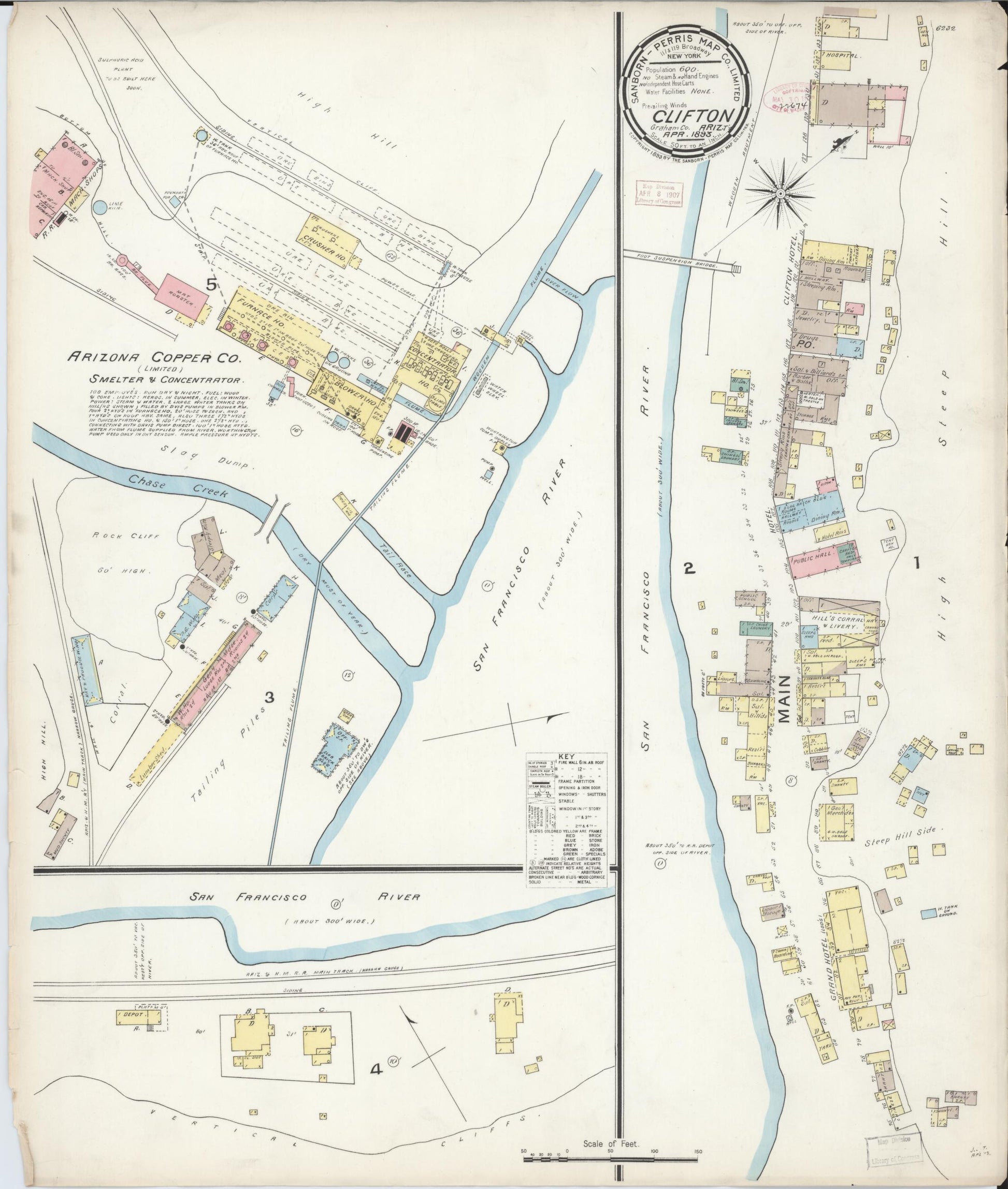 Sanborn Fire Insurance Map from Clifton, Greenlee County, Arizona (1893), Sheet #0001 - Historic Sanborn Fire Insurance Map Print, vintage old map wall art, antique decor, genealogy gift, Arizona Arizona map