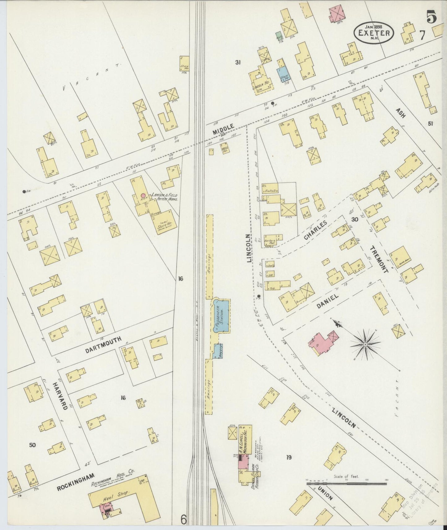 Sanborn Fire Insurance Map from Exeter, Rockingham County, New Hampshire (1898), Sheet #0005 - Historic Sanborn Fire Insurance Map Print, vintage old map wall art, antique decor, genealogy gift, New Hampshire New Hampshire map
