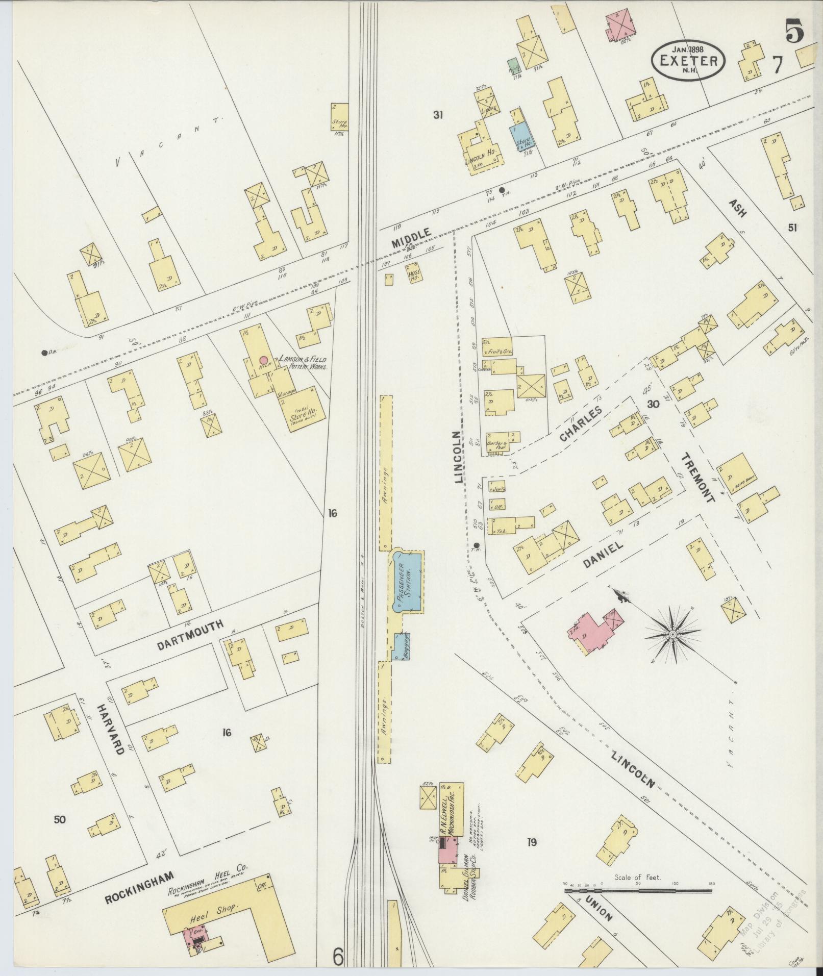 Sanborn Fire Insurance Map from Exeter, Rockingham County, New Hampshire (1898), Sheet #0005 - Historic Sanborn Fire Insurance Map Print, vintage old map wall art, antique decor, genealogy gift, New Hampshire New Hampshire map