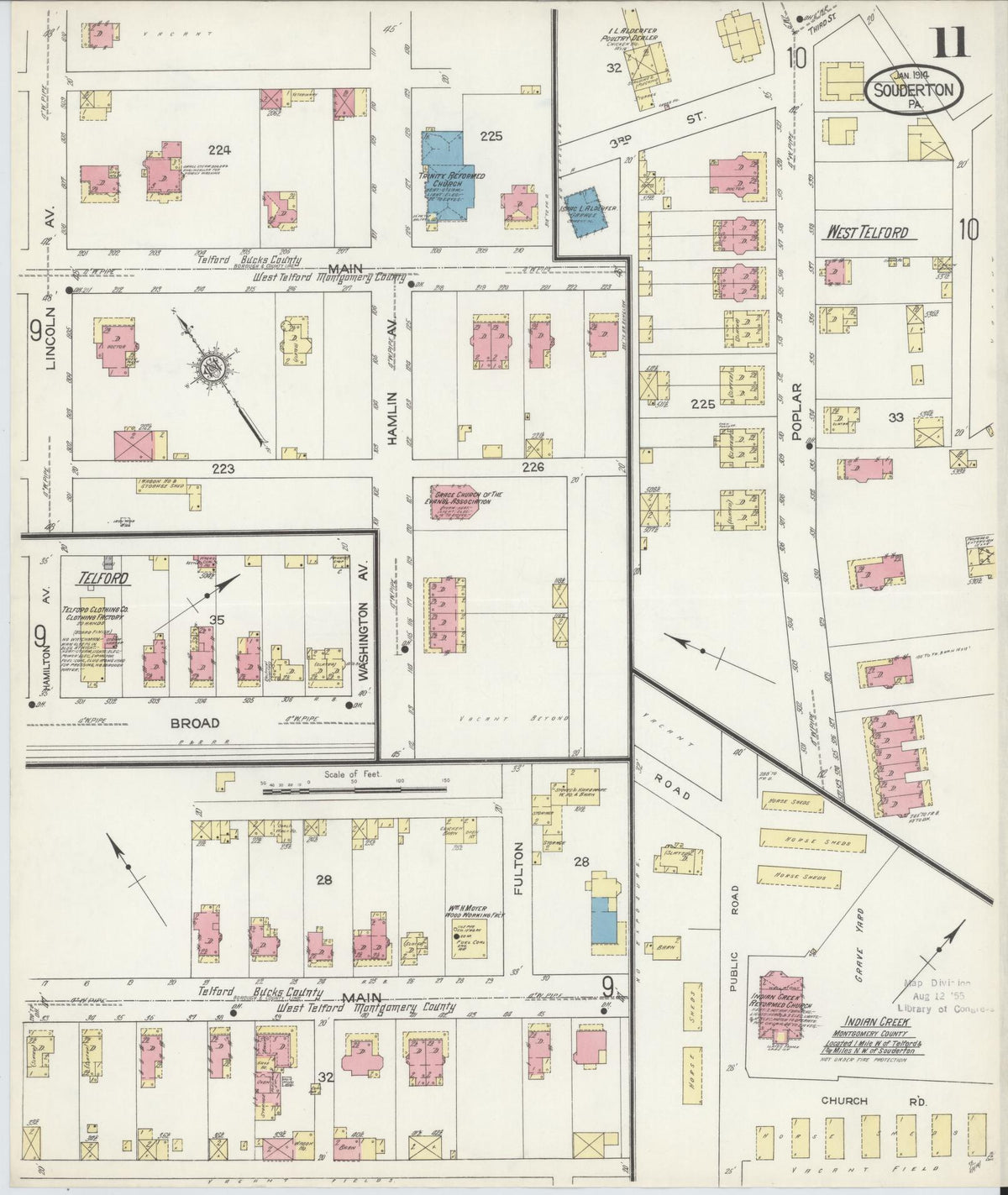 Sanborn Fire Insurance Map from Souderton, Montgomery County, Pennsylvania (1914), Sheet #0011 - Historic Sanborn Fire Insurance Map Print, vintage old map wall art, antique decor, genealogy gift, Pennsylvania Pennsylvania map