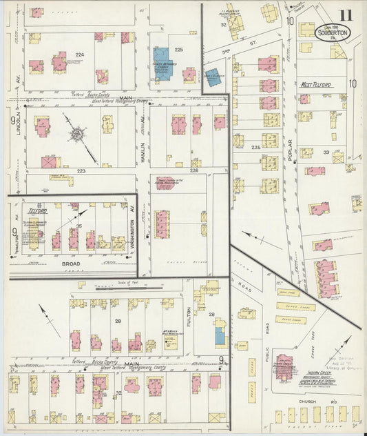 Sanborn Fire Insurance Map from Souderton, Montgomery County, Pennsylvania (1914), Sheet #0011 - Historic Sanborn Fire Insurance Map Print, vintage old map wall art, antique decor, genealogy gift, Pennsylvania Pennsylvania map