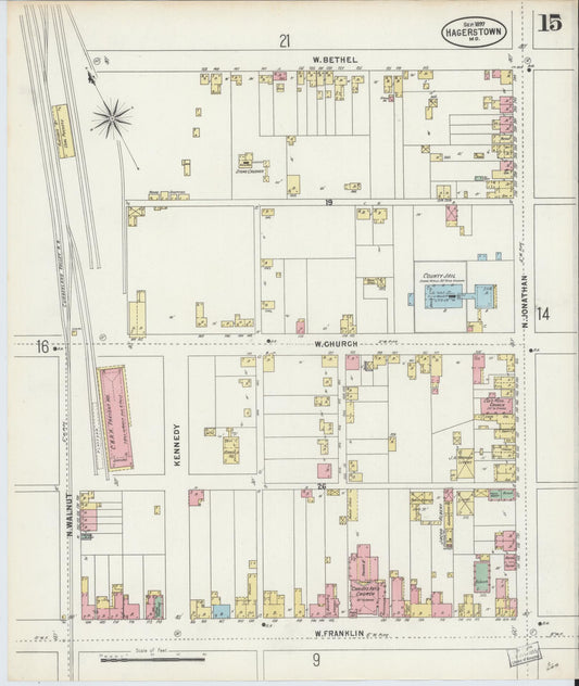 Sanborn Fire Insurance Map from Hagerstown, Washington County, Maryland (1897), Sheet #0015 - Historic Sanborn Fire Insurance Map Print, vintage old map wall art, antique decor, genealogy gift, Maryland Maryland map