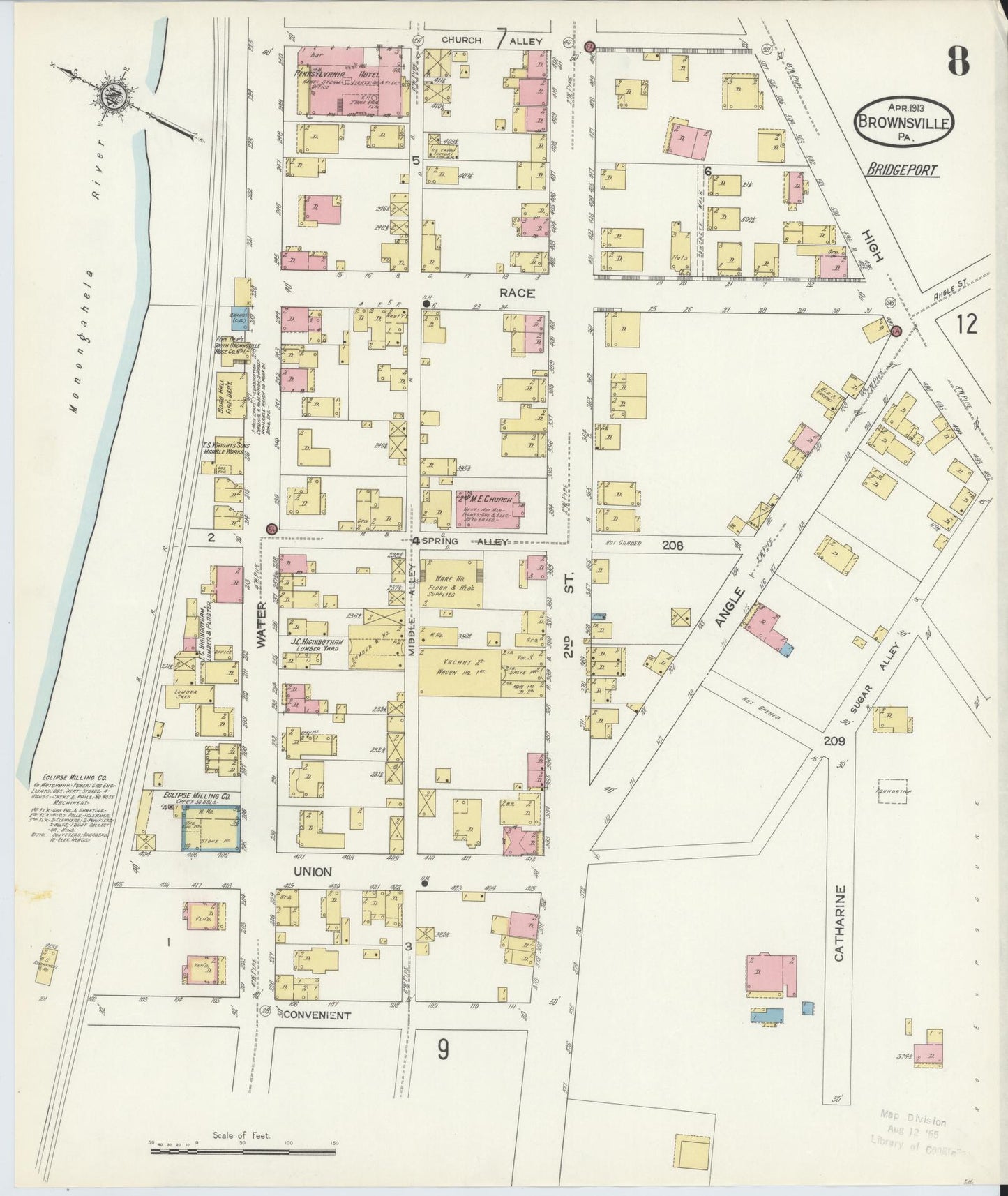 Sanborn Fire Insurance Map from Brownsville, Fayette County, Pennsylvania (1913), Sheet #0008 - Historic Sanborn Fire Insurance Map Print, vintage old map wall art, antique decor, genealogy gift, Pennsylvania Pennsylvania map