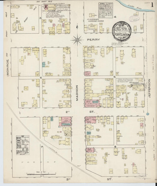 Sanborn Fire Insurance Map from Port Clinton, Ottawa County, Ohio (1884), Sheet #0001 - Historic Sanborn Fire Insurance Map Print, vintage old map wall art, antique decor, genealogy gift, Ohio Ohio map