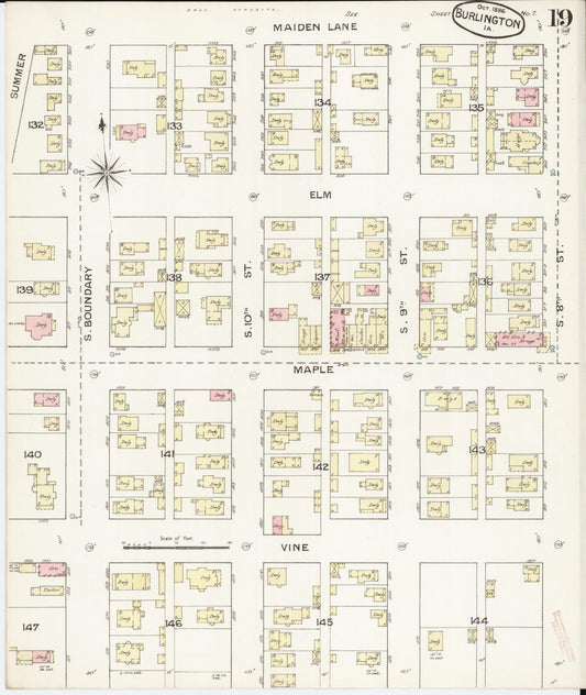 Sanborn Fire Insurance Map from Burlington, Des Moines County, Iowa (1888), Sheet #0019 - Historic Sanborn Fire Insurance Map Print, vintage old map wall art