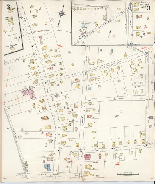 Sanborn Fire Insurance Map from Fountain Inn, Greenville And Laurens County, South Carolina (1947), Sheet #0003 - Historic Sanborn Fire Insurance Map Print, vintage old map wall art, antique decor, genealogy gift, South Carolina South Carolina map