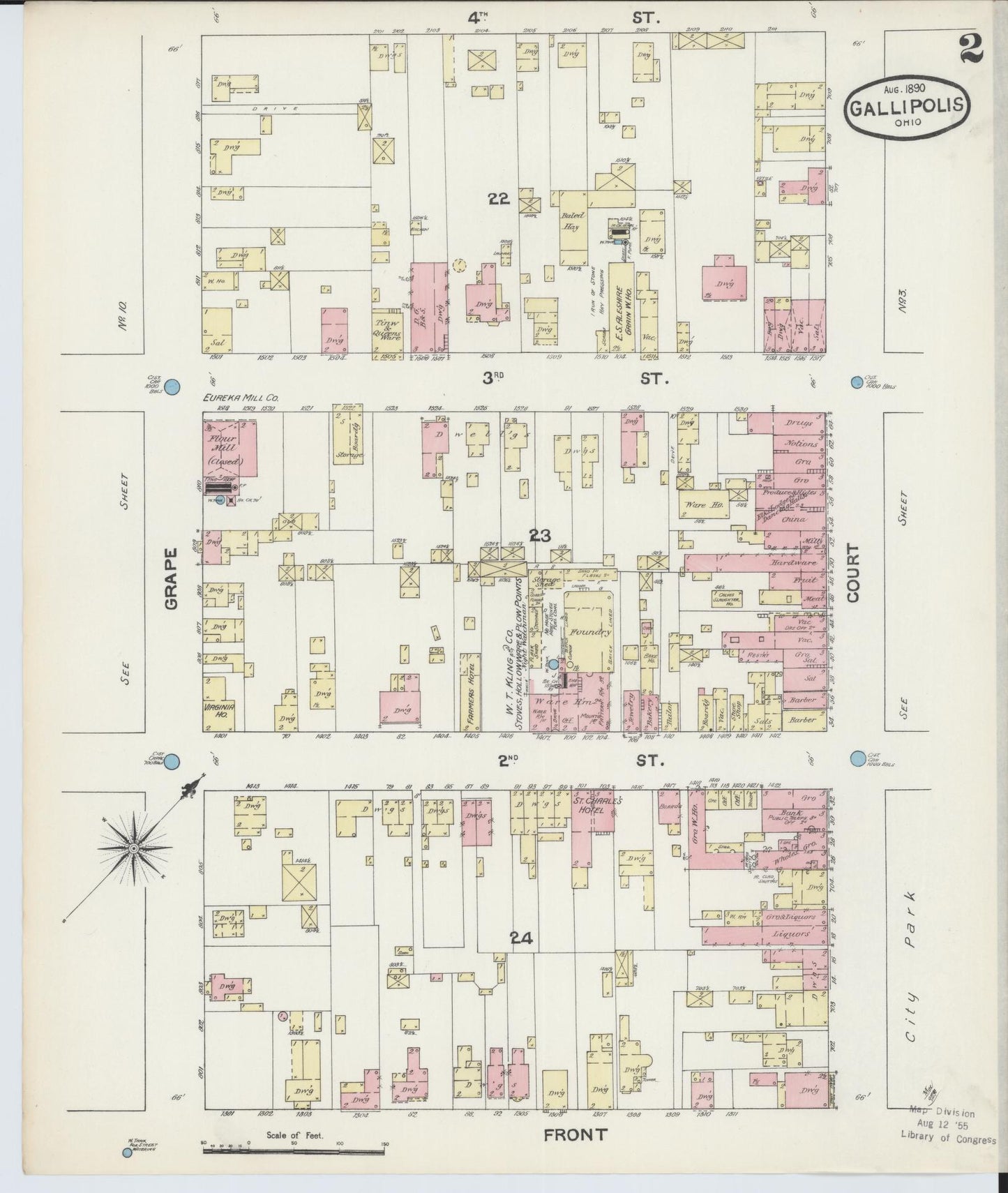 Sanborn Fire Insurance Map from Gallipolis, Gallia County, Ohio (1890), Sheet #0002 - Historic Sanborn Fire Insurance Map Print, vintage old map wall art, antique decor, genealogy gift, Ohio Ohio map
