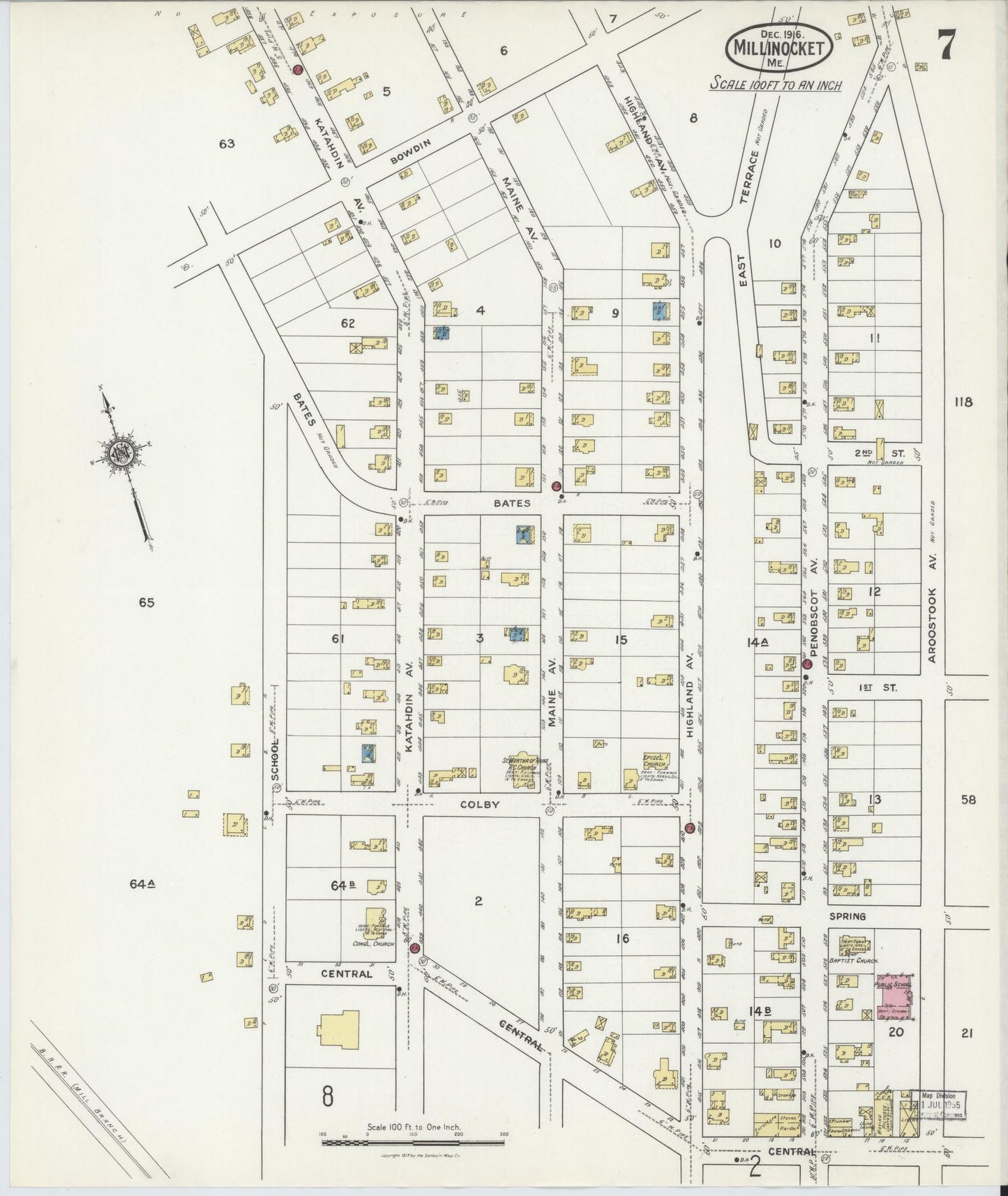 Sanborn Fire Insurance Map from Millinocket, Penobscot County, Maine (1916), Sheet #0007 - Historic Sanborn Fire Insurance Map Print, vintage old map wall art, antique decor, genealogy gift, Maine Maine map