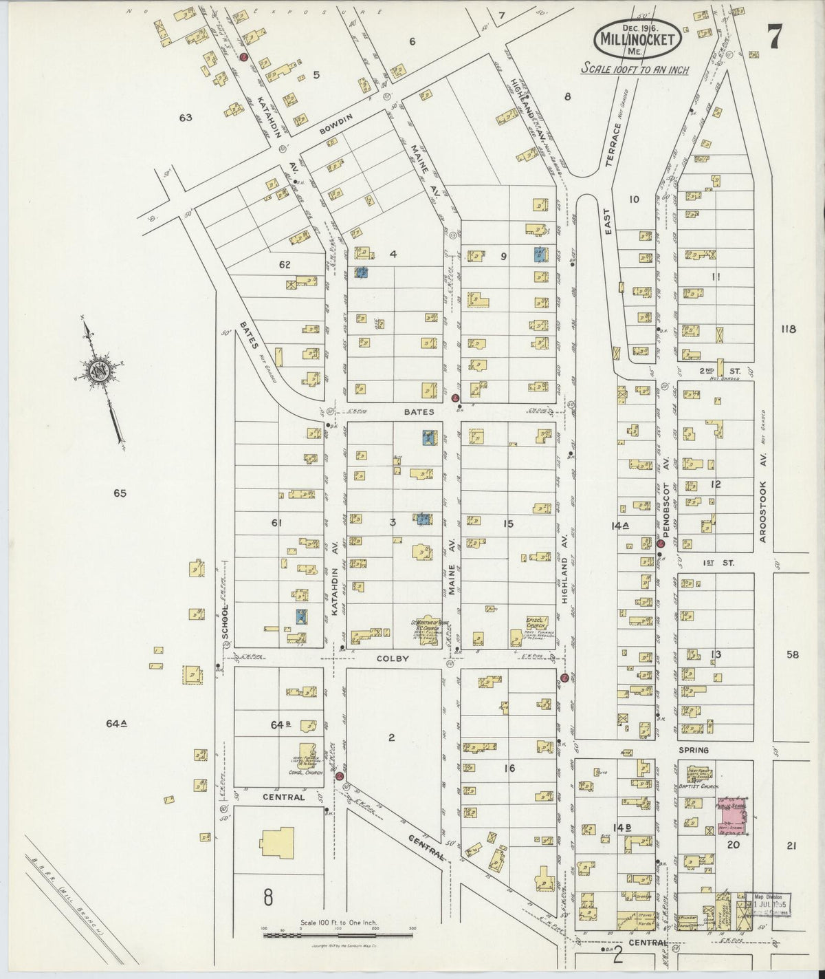 Sanborn Fire Insurance Map from Millinocket, Penobscot County, Maine (1916), Sheet #0007 - Historic Sanborn Fire Insurance Map Print, vintage old map wall art, antique decor, genealogy gift, Maine Maine map