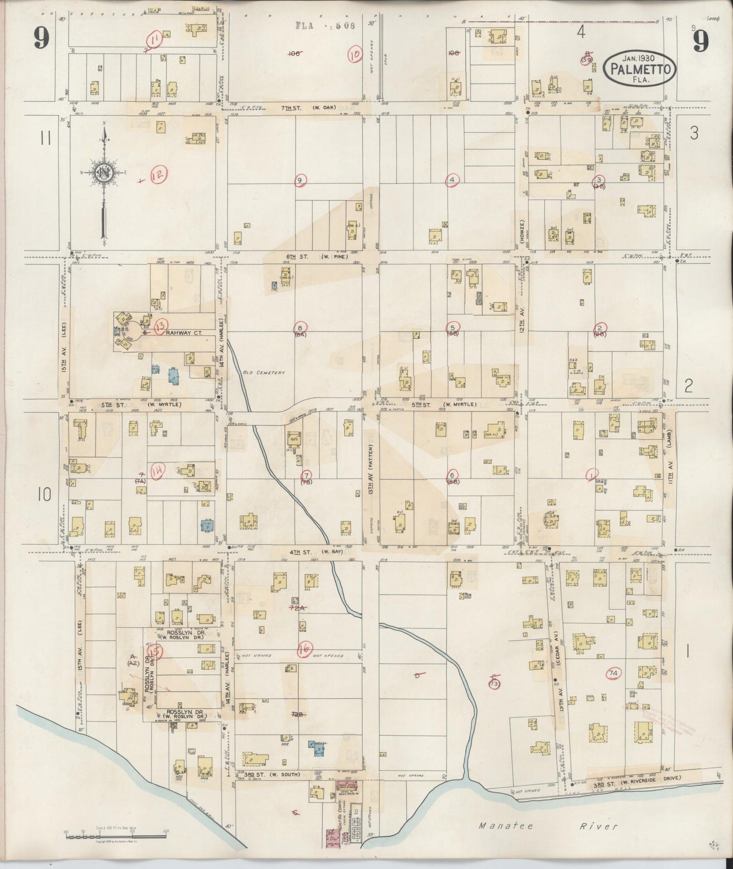 Sanborn Fire Insurance Map from Palmetto, Manatee County, Florida (1944), Sheet #0009 - Historic Sanborn Fire Insurance Map Print, vintage old map wall art, antique decor, genealogy gift, Florida Florida map