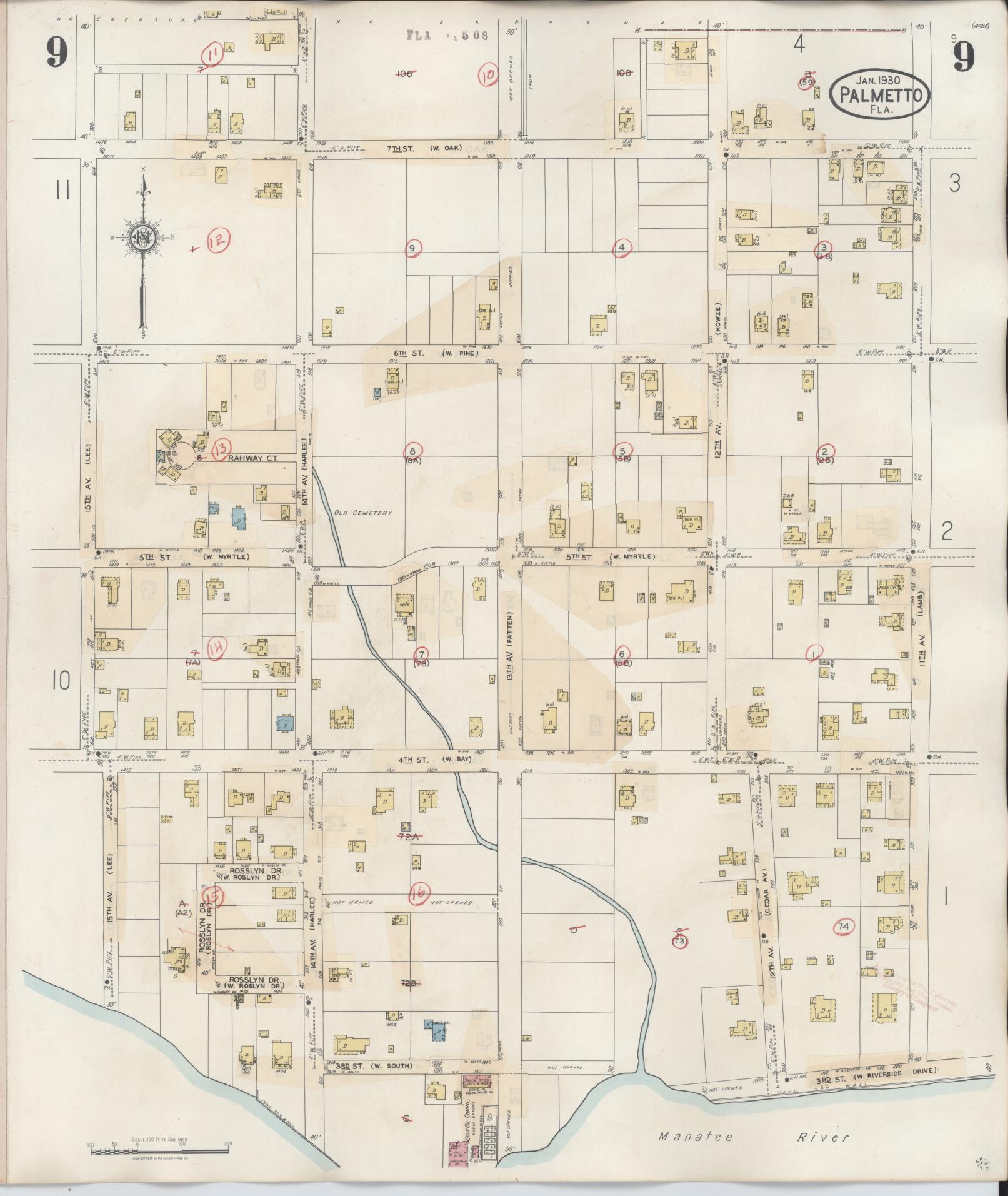 Sanborn Fire Insurance Map from Palmetto, Manatee County, Florida (1944), Sheet #0009 - Historic Sanborn Fire Insurance Map Print, vintage old map wall art, antique decor, genealogy gift, Florida Florida map