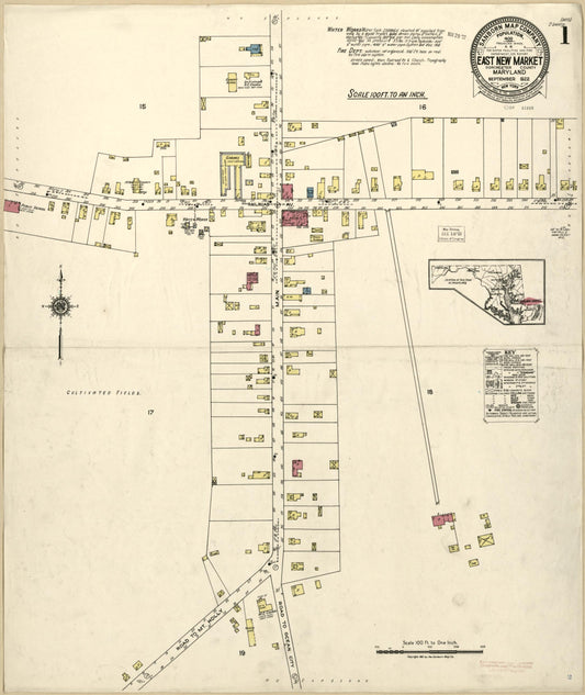Sanborn Fire Insurance Map from East New Market, Dorchester County, Maryland (1922), Sheet #0001 - Historic Sanborn Fire Insurance Map Print, vintage old map wall art, antique decor, genealogy gift, Maryland Maryland map