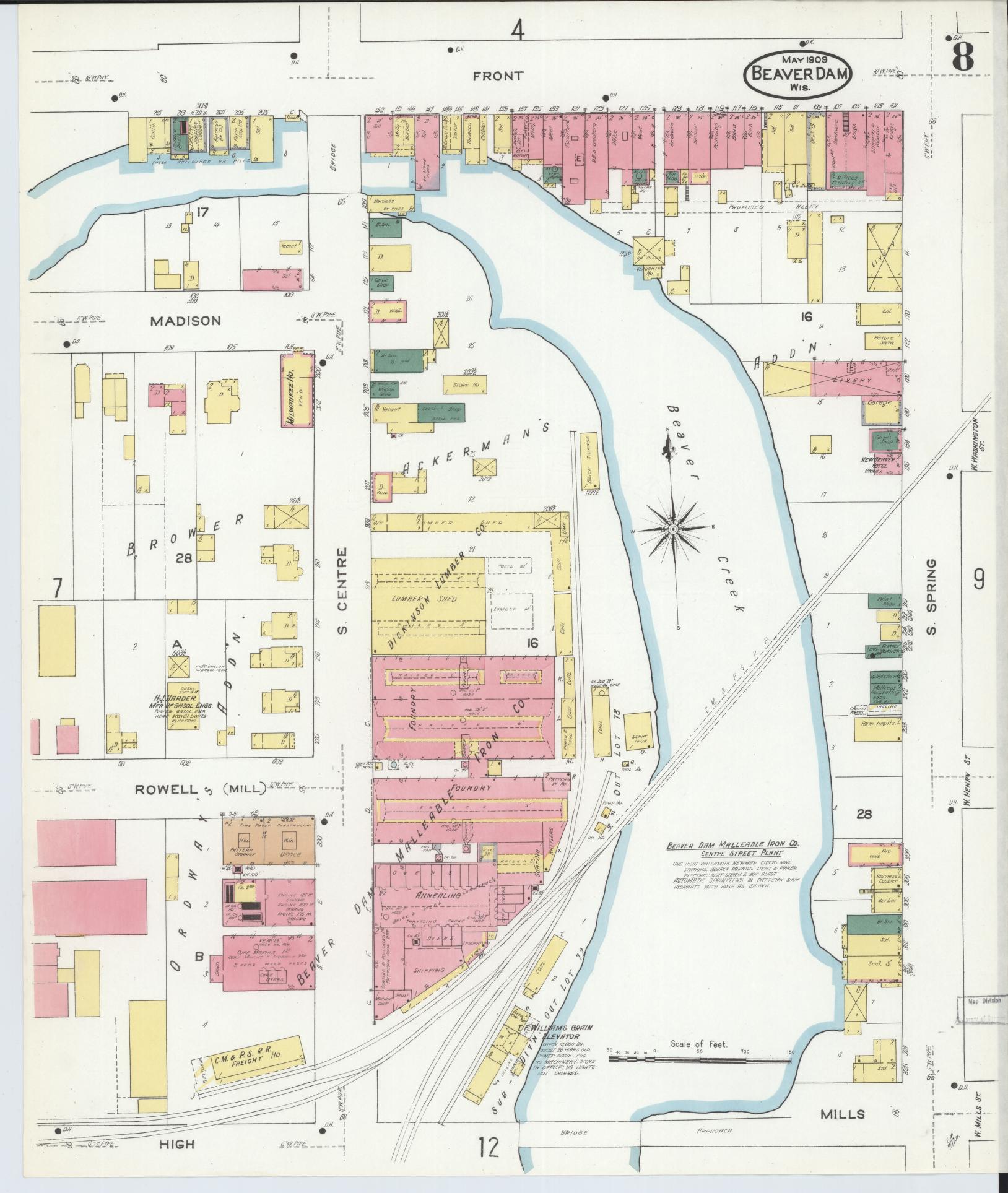 Sanborn Fire Insurance Map from Beaver Dam, Dodge County, Wisconsin (1909), Sheet #0008 - Historic Sanborn Fire Insurance Map Print, vintage old map wall art, antique decor, genealogy gift, Wisconsin Wisconsin map