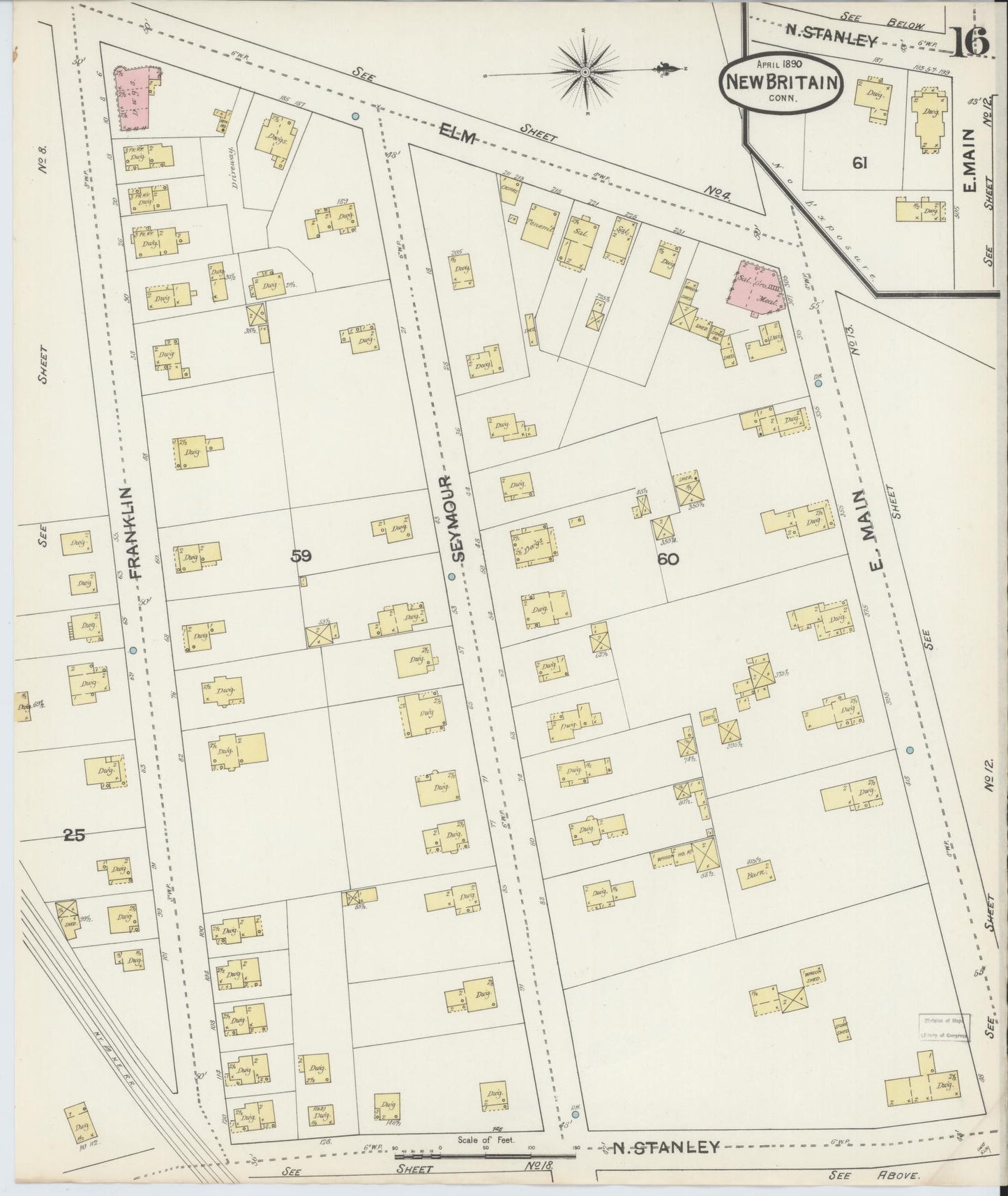 Sanborn Fire Insurance Map from New Britain, Hartford County, Connecticut (1890), Sheet #0016 - Historic Sanborn Fire Insurance Map Print, vintage old map wall art, antique decor, genealogy gift, Connecticut Connecticut map