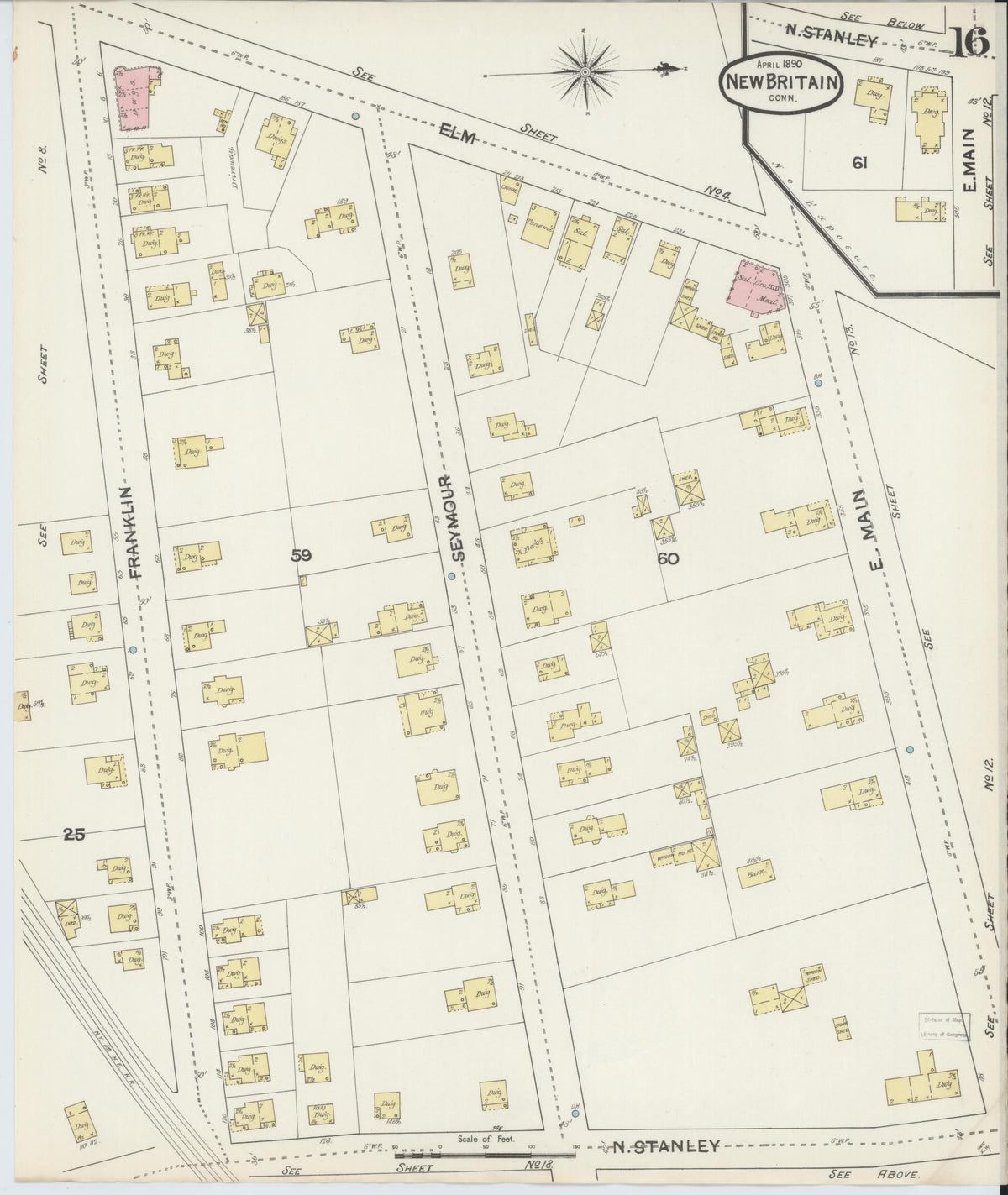 Sanborn Fire Insurance Map from New Britain, Hartford County, Connecticut (1890), Sheet #0016 - Historic Sanborn Fire Insurance Map Print, vintage old map wall art, antique decor, genealogy gift, Connecticut Connecticut map