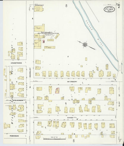 Sanborn Fire Insurance Map from Flint, Genesee County, Michigan (1909), Sheet #0007 - Historic Sanborn Fire Insurance Map Print, vintage old map wall art, antique decor, genealogy gift, Michigan Michigan map