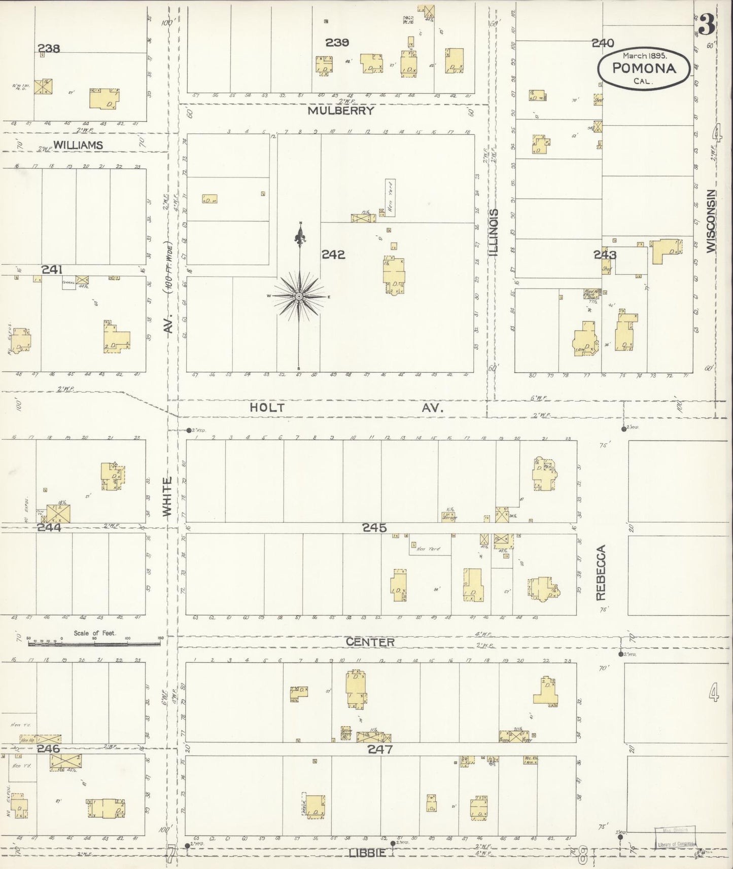 Sanborn Fire Insurance Map from Pomona, Los Angeles County, California (1895), Sheet #0003 - Complete Map Set gallery image, historic Sanborn map, vintage wall art, California California