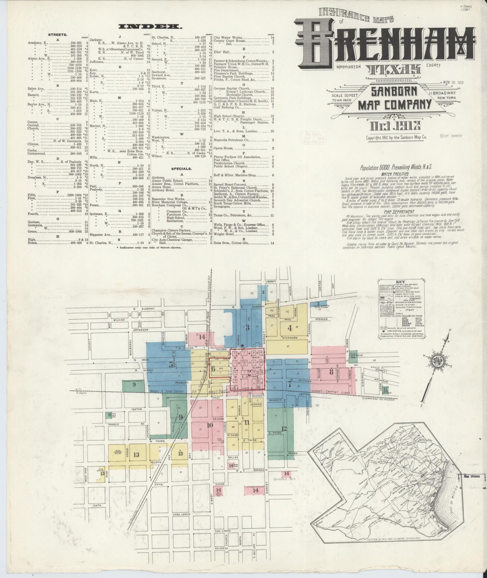 Sanborn Fire Insurance Map from Brenham, Washington County, Texas (1912), Sheet #0001 - Historic Sanborn Fire Insurance Map Print, vintage old map wall art, antique decor, genealogy gift, Texas Texas map