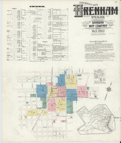 Sanborn Fire Insurance Map from Brenham, Washington County, Texas (1912), Sheet #0001 - Historic Sanborn Fire Insurance Map Print, vintage old map wall art, antique decor, genealogy gift, Texas Texas map