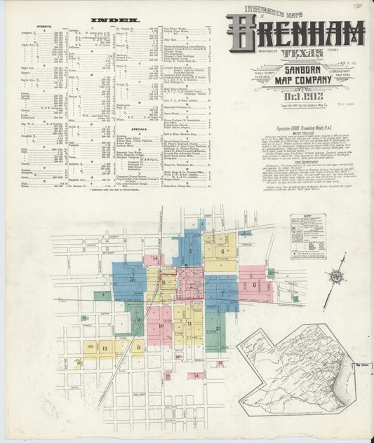 Sanborn Fire Insurance Map from Brenham, Washington County, Texas (1912), Sheet #0001 - Historic Sanborn Fire Insurance Map Print, vintage old map wall art, antique decor, genealogy gift, Texas Texas map