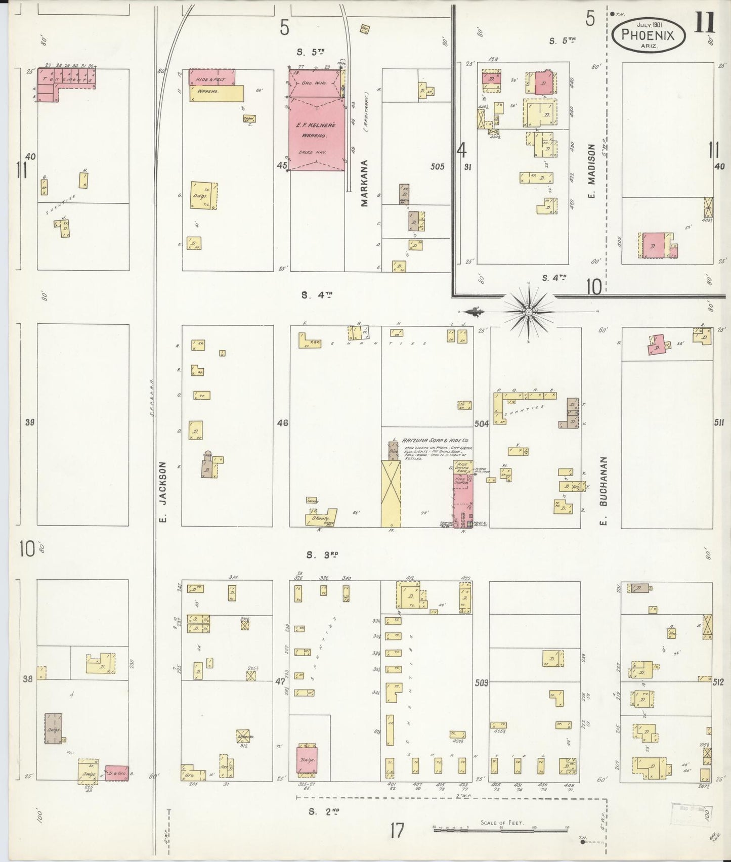 Sanborn Fire Insurance Map from Phoenix, Maricopa County, Arizona (1901), Sheet #0011 - Complete Map Set gallery image, historic Sanborn map, vintage wall art, Arizona Arizona