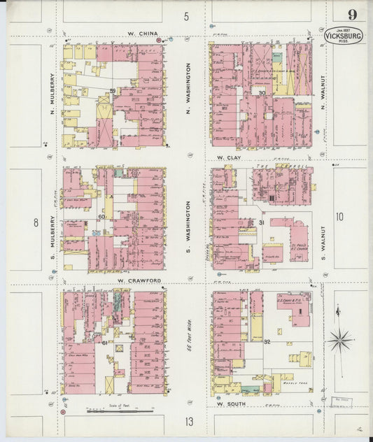 Sanborn Fire Insurance Map from Vicksburg, Warren County, Mississippi (1897), Sheet #0009 - Historic Sanborn Fire Insurance Map Print, vintage old map wall art, antique decor, genealogy gift, Mississippi Mississippi map