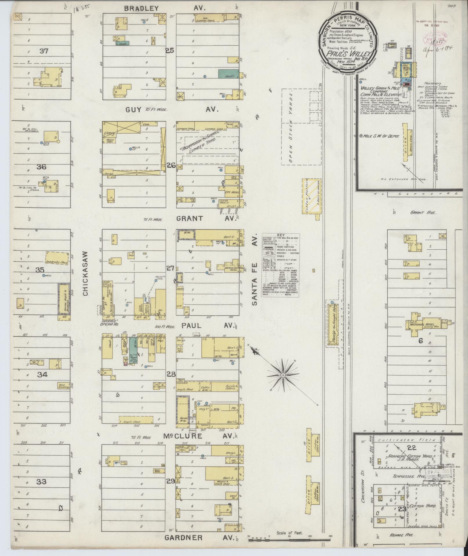 Sanborn Fire Insurance Map from Pauls Valley, Garvin County, Oklahoma (1894), Sheet #0001 - Historic Sanborn Fire Insurance Map Print, vintage old map wall art, antique decor, genealogy gift, Oklahoma Oklahoma map