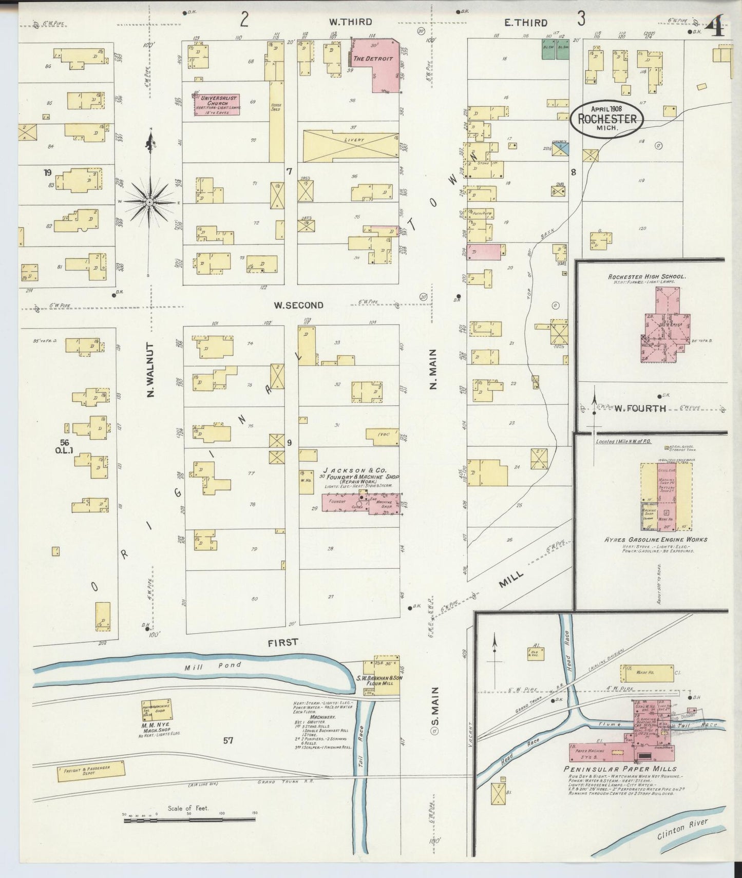 Sanborn Fire Insurance Map from Rochester, Oakland County, Michigan (1908), Sheet #0004 - Historic Sanborn Fire Insurance Map Print, vintage old map wall art, antique decor, genealogy gift, Michigan Michigan map