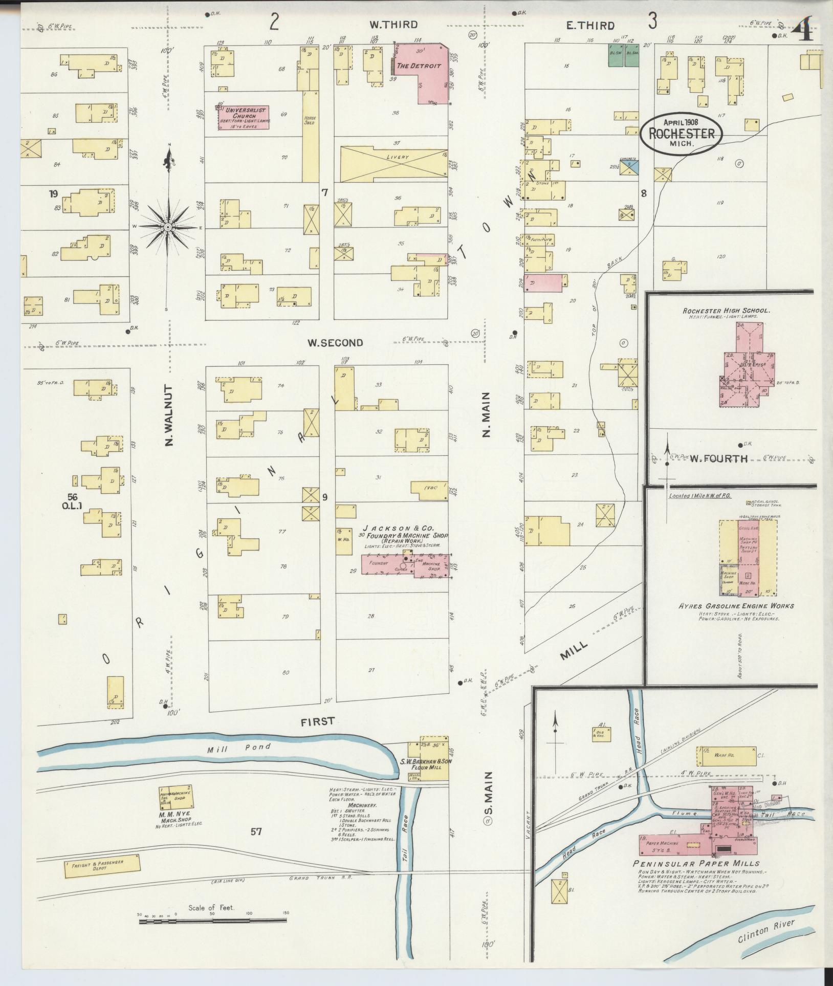 Sanborn Fire Insurance Map from Rochester, Oakland County, Michigan (1908), Sheet #0004 - Historic Sanborn Fire Insurance Map Print, vintage old map wall art, antique decor, genealogy gift, Michigan Michigan map