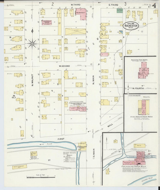 Sanborn Fire Insurance Map from Rochester, Oakland County, Michigan (1908), Sheet #0004 - Historic Sanborn Fire Insurance Map Print, vintage old map wall art, antique decor, genealogy gift, Michigan Michigan map
