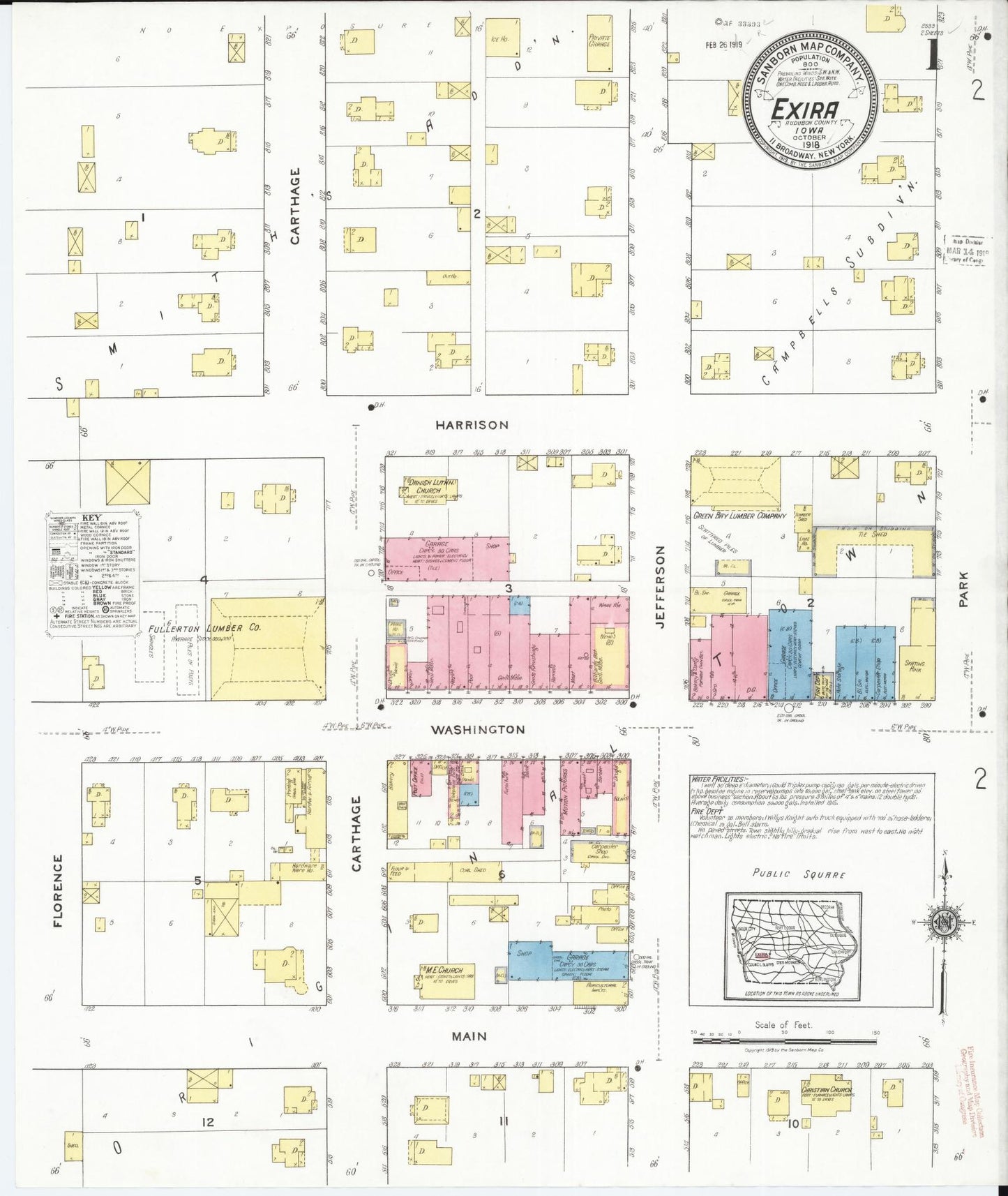 Sanborn Fire Insurance Map from Exira, Audubon County, Iowa (1918), Sheet #0001 - Historic Sanborn Fire Insurance Map Print, vintage old map wall art