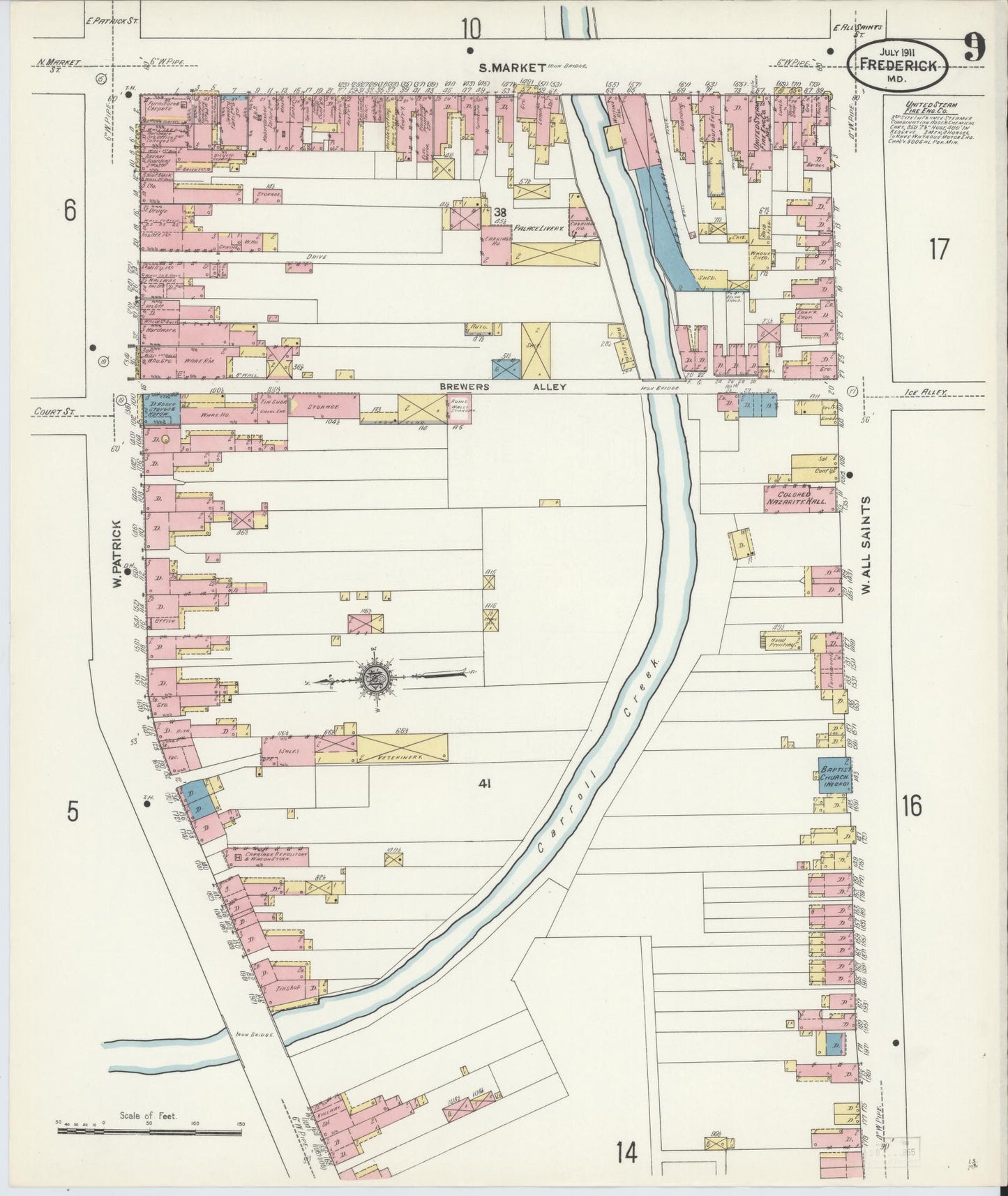 Sanborn Fire Insurance Map from Frederick, Frederick County, Maryland (1911), Sheet #0009 - Historic Sanborn Fire Insurance Map Print, vintage old map wall art, antique decor, genealogy gift, Maryland Maryland map