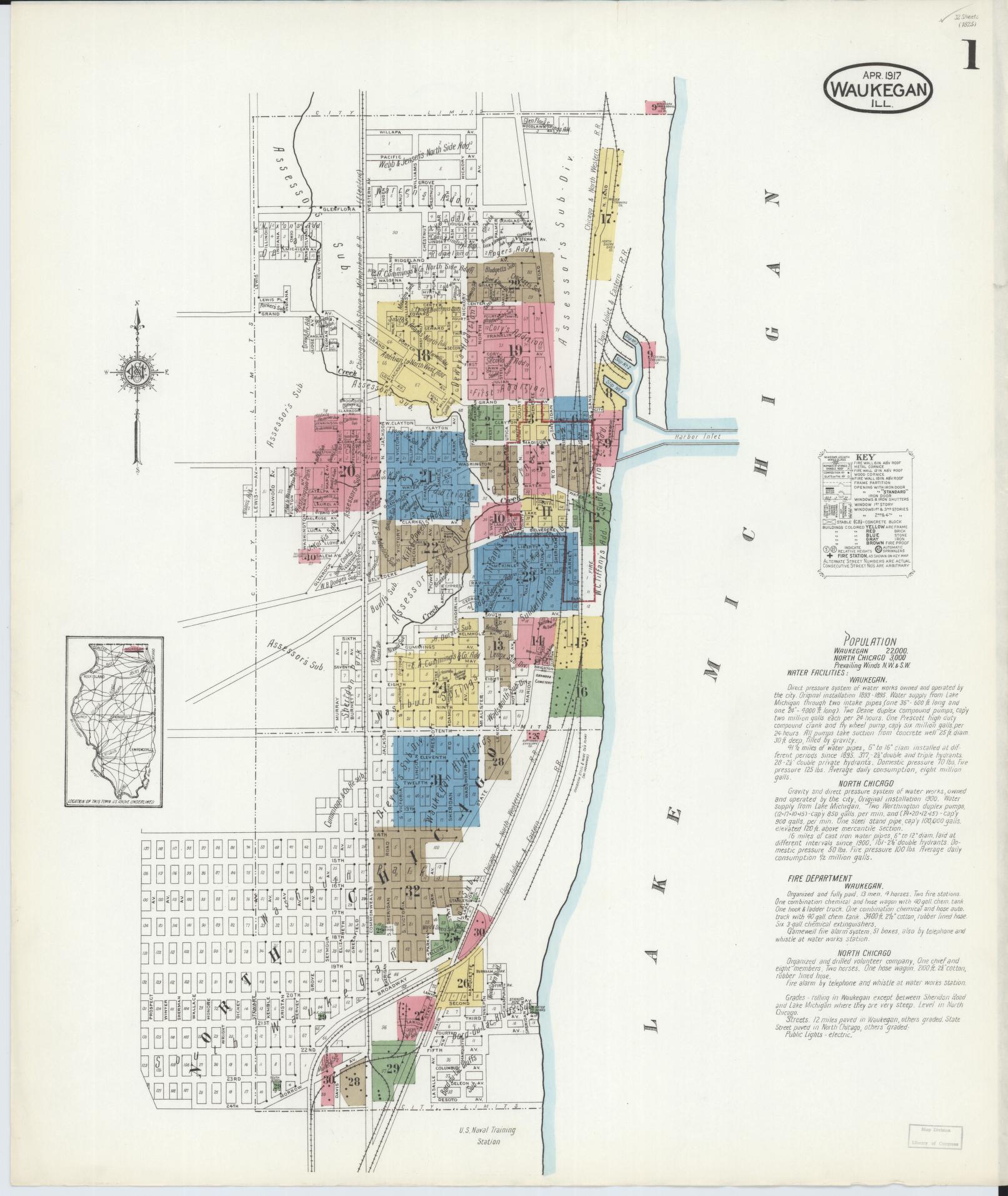 Sanborn Fire Insurance Map from Waukegan, Lake County, Illinois (1917), Sheet #0001 - Complete Map Set gallery image, historic Sanborn map, vintage wall art, Illinois Illinois