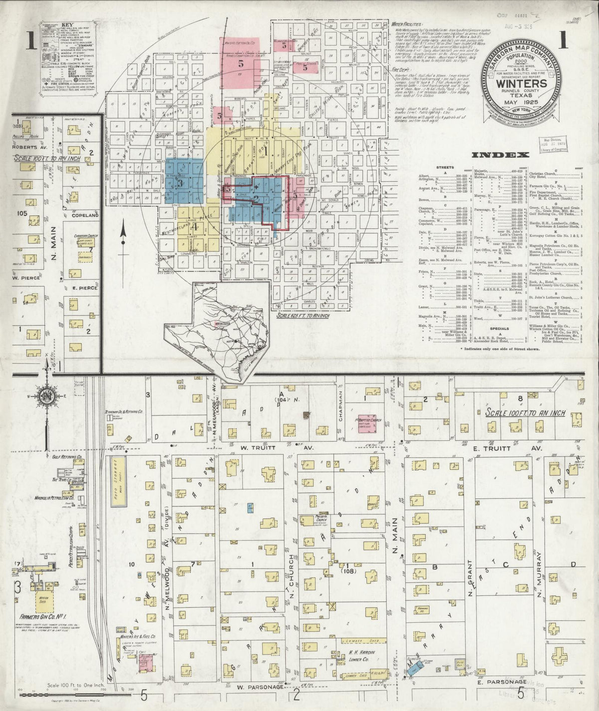 Sanborn Fire Insurance Map from Winters, Runnels County, Texas (1925), Sheet #0001 - Historic Sanborn Fire Insurance Map Print, vintage old map wall art, antique decor, genealogy gift, Texas Texas map