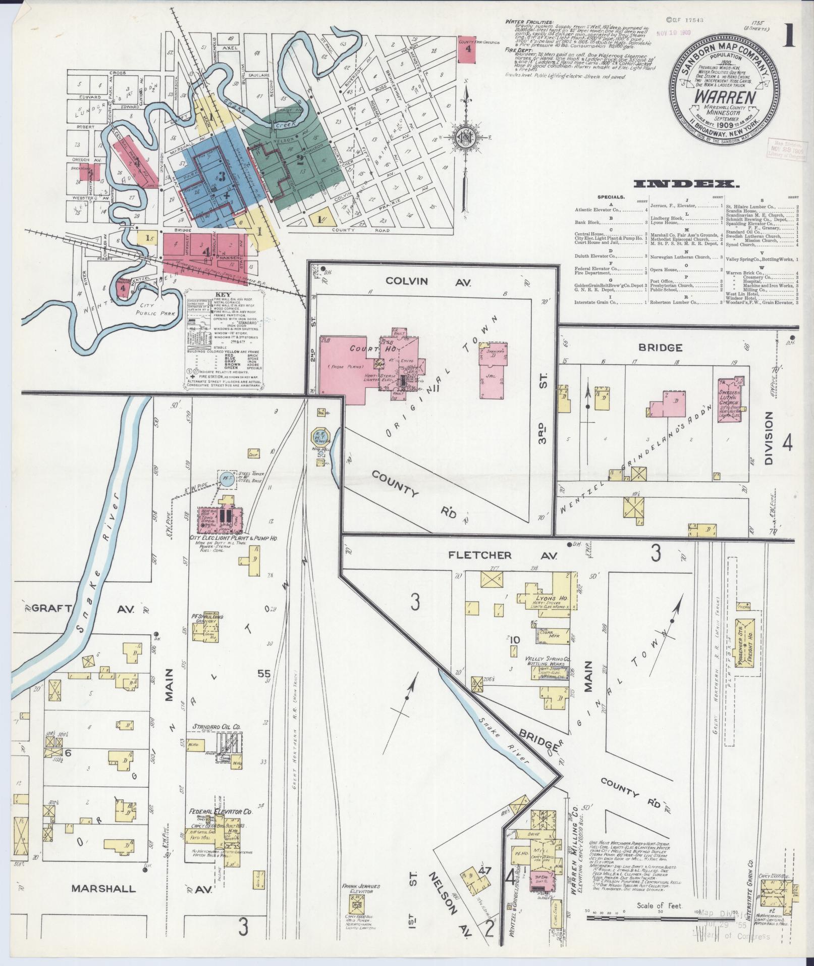 Sanborn Fire Insurance Map from Warren, Marshall County, Minnesota (1909), Sheet #0001 - Historic Sanborn Fire Insurance Map Print, vintage old map wall art, antique decor, genealogy gift, Minnesota Minnesota map