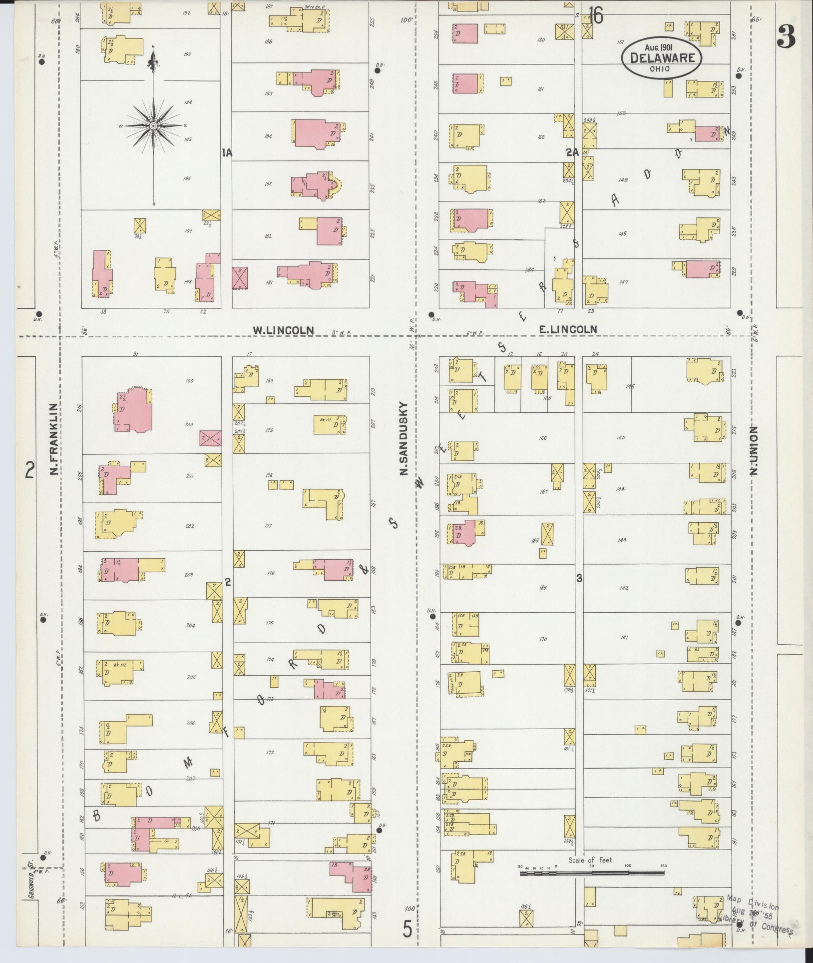 Sanborn Fire Insurance Map from Delaware, Delaware County, Ohio (1901), Sheet #0003 - Historic Sanborn Fire Insurance Map Print, vintage old map wall art, antique decor, genealogy gift, Sanborn Fire Insurance Map from Delaware Delaware map