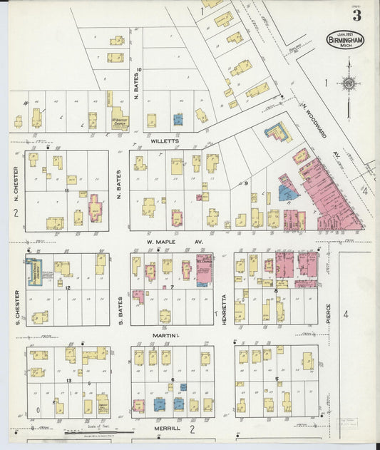 Sanborn Fire Insurance Map from Birmingham, Oakland County, Michigan (1921), Sheet #0003 - Historic Sanborn Fire Insurance Map Print, vintage old map wall art, antique decor, genealogy gift, Michigan Michigan map