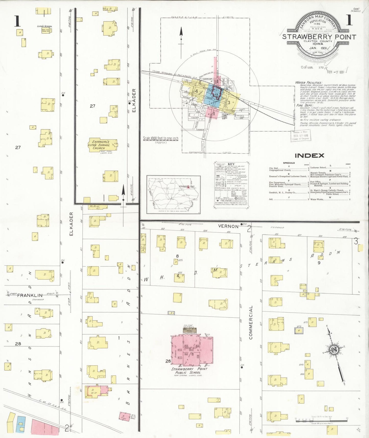 Sanborn Fire Insurance Map from Strawberry Point, Clayton County, Iowa (1931), Sheet #0001 - Historic Sanborn Fire Insurance Map Print, vintage old map wall art