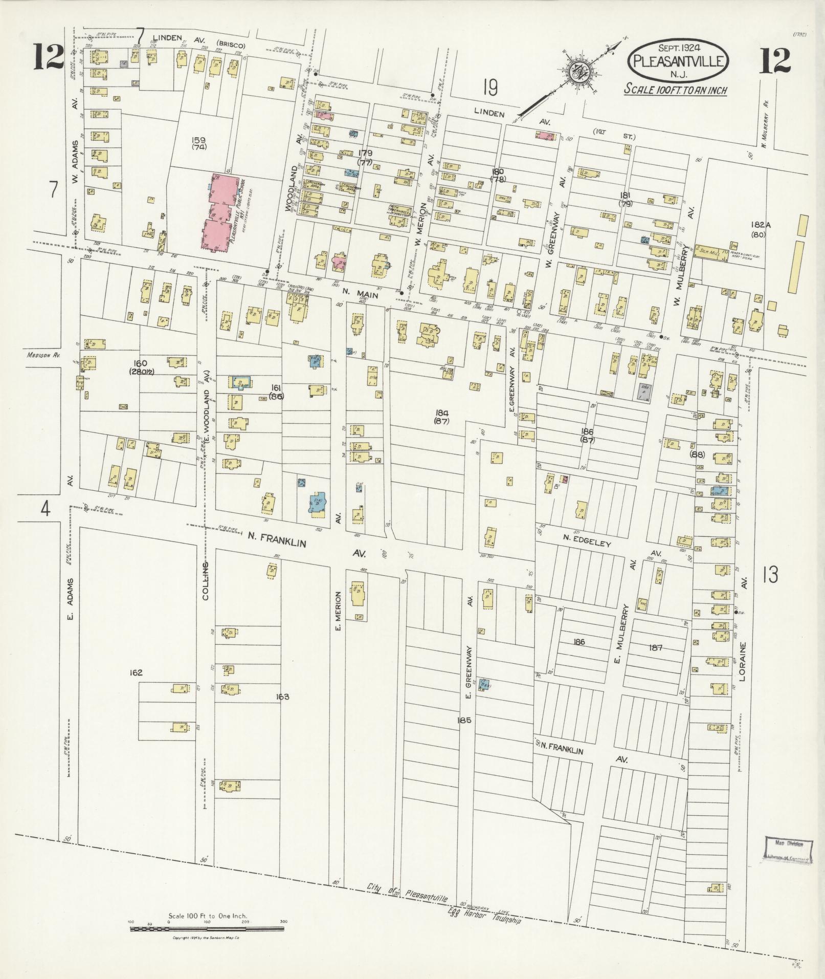 Sanborn Fire Insurance Map from Pleasantville, Atlantic County, New Jersey (1924), Sheet #0012 - Historic Sanborn Fire Insurance Map Print, vintage old map wall art, antique decor, genealogy gift, New Jersey New Jersey map
