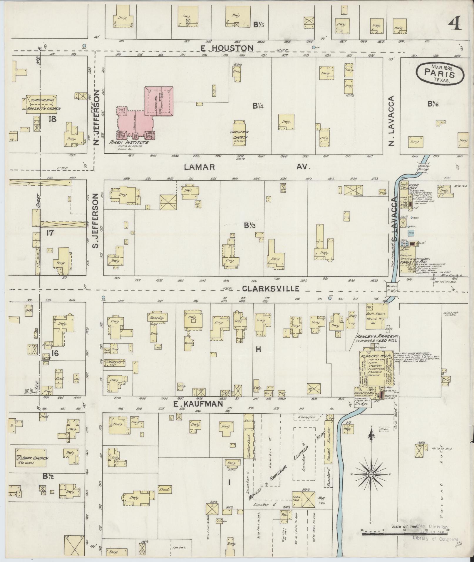 Sanborn Fire Insurance Map from Paris, Lamar County, Texas (1888), Sheet #0004 - Historic Sanborn Fire Insurance Map Print, vintage old map wall art, antique decor, genealogy gift, Texas Texas map