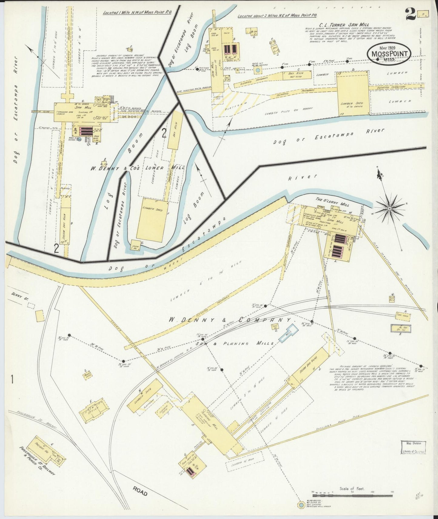Sanborn Fire Insurance Map from Moss Point, Jackson County, Mississippi (1909), Sheet #0002 - Complete Map Set gallery image, historic Sanborn map, vintage wall art, Mississippi Mississippi