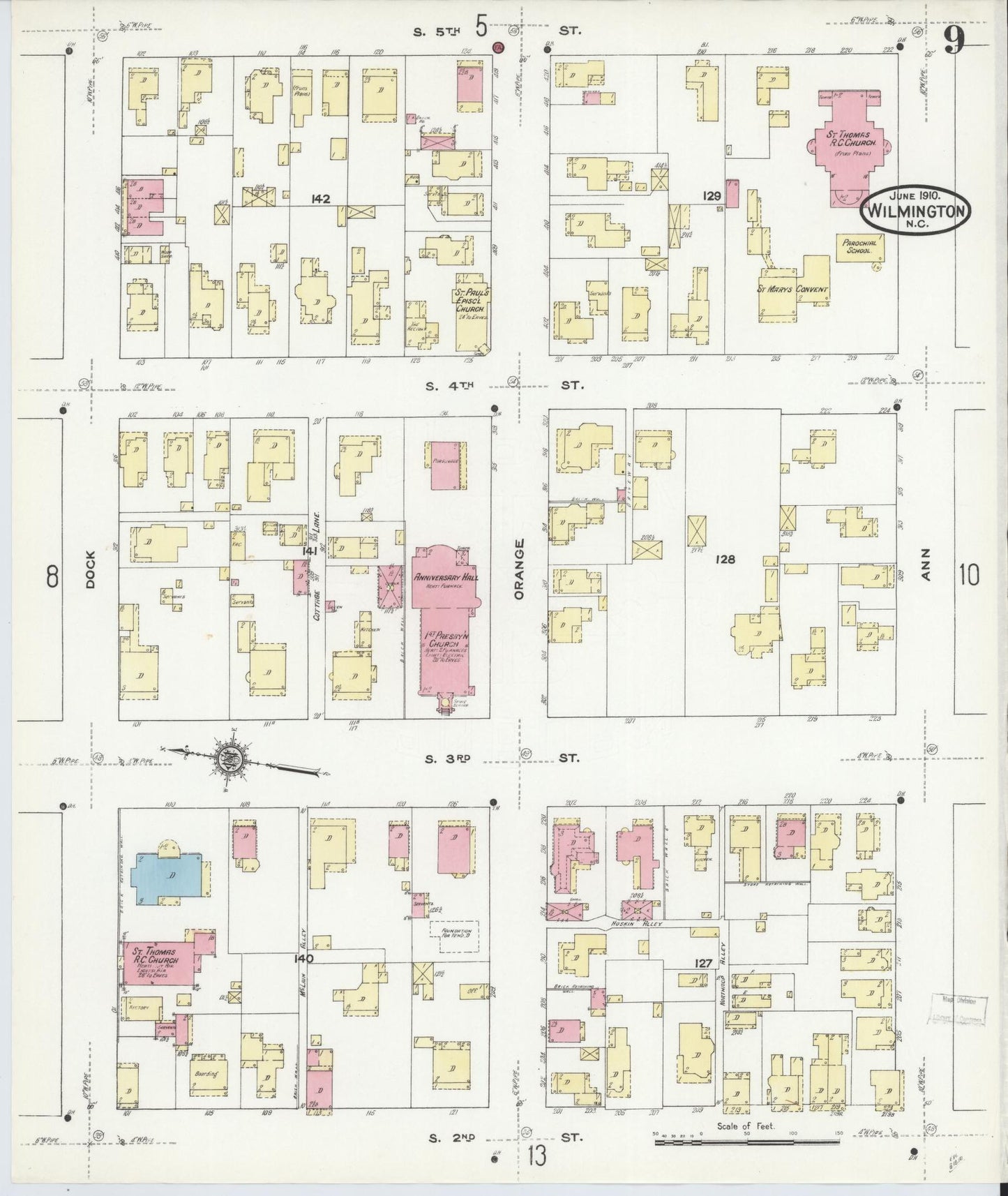 Sanborn Fire Insurance Map from Wilmington, New Hanover County, North Carolina (1910), Sheet #0009 - Complete Map Set gallery image, historic Sanborn map, vintage wall art, North Carolina North Carolina