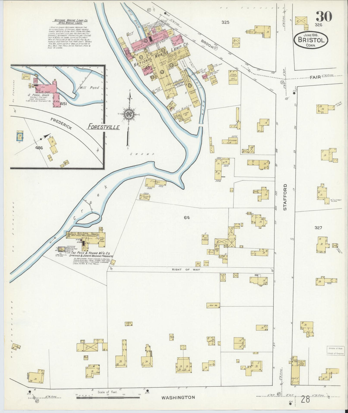 Sanborn Fire Insurance Map from Bristol, Hartford County, Connecticut (1916), Sheet #0030 - Historic Sanborn Fire Insurance Map Print, vintage old map wall art, antique decor, genealogy gift, Connecticut Connecticut map