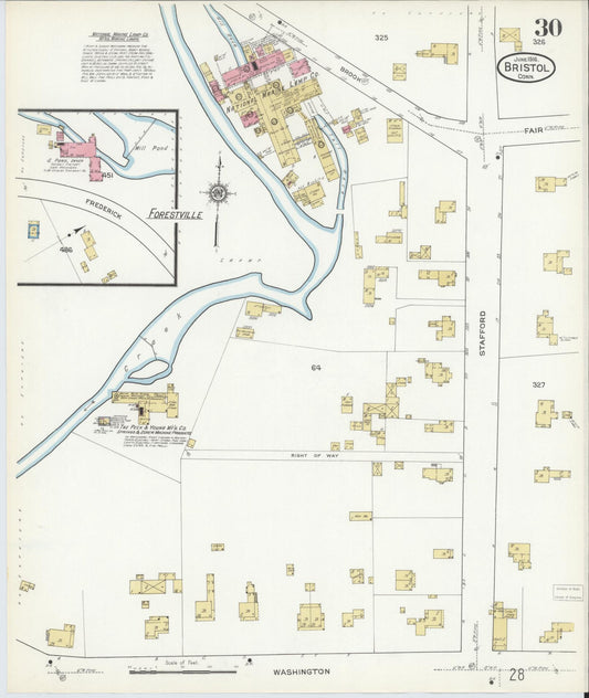Sanborn Fire Insurance Map from Bristol, Hartford County, Connecticut (1916), Sheet #0030 - Historic Sanborn Fire Insurance Map Print, vintage old map wall art, antique decor, genealogy gift, Connecticut Connecticut map